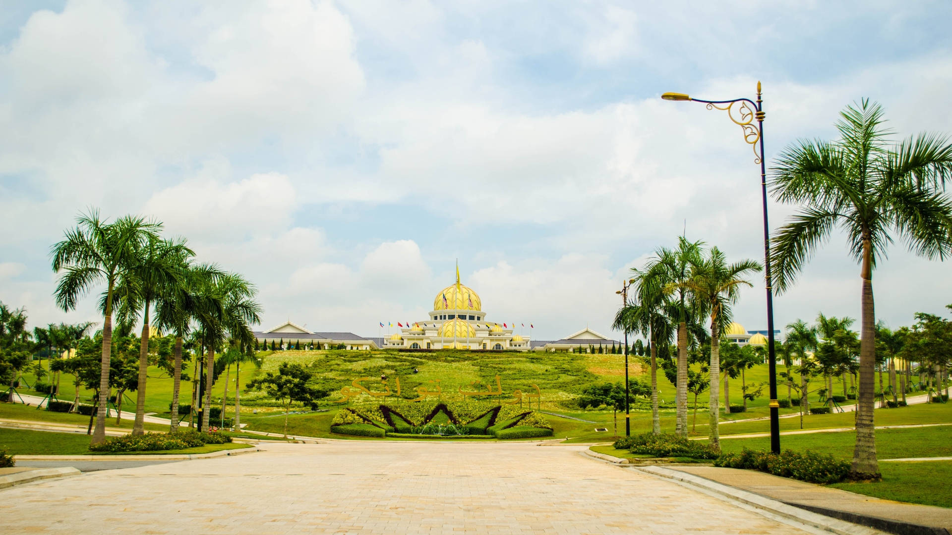 Jakarta, coconut trees, golden-domed mosque, Full HD Desktop Wallpaper
