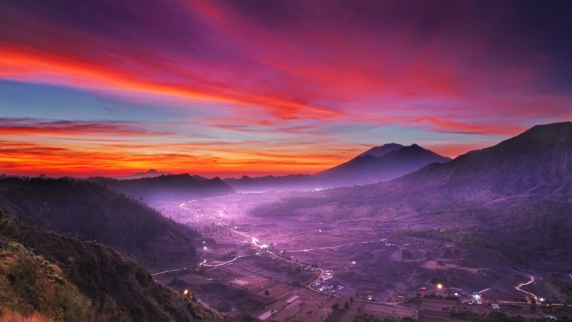 Jakarta, Purple Mountains, vibrant sunset, Full HD Desktop Wallpaper