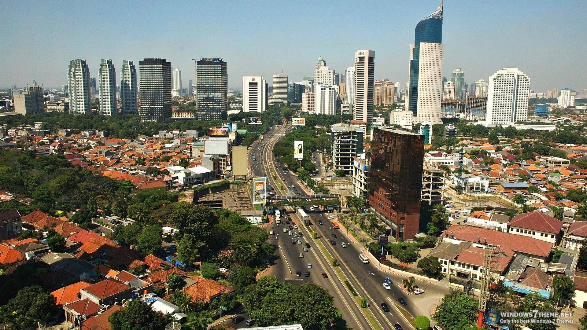 Jakarta, modern skyscrapers, red-roofed residential neighborhoods, Full HD Desktop Wallpaper