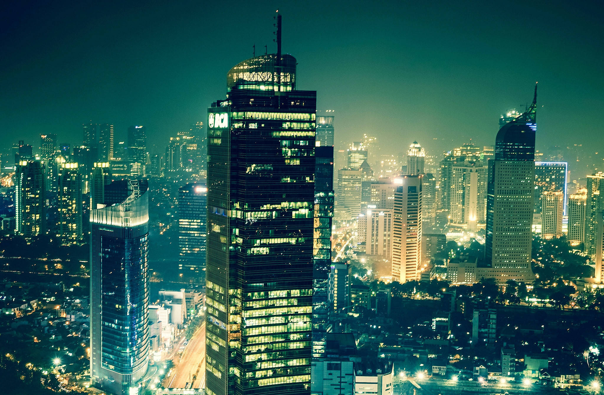 Jakarta, office buildings, nighttime cityscape, Full HD Desktop Wallpaper