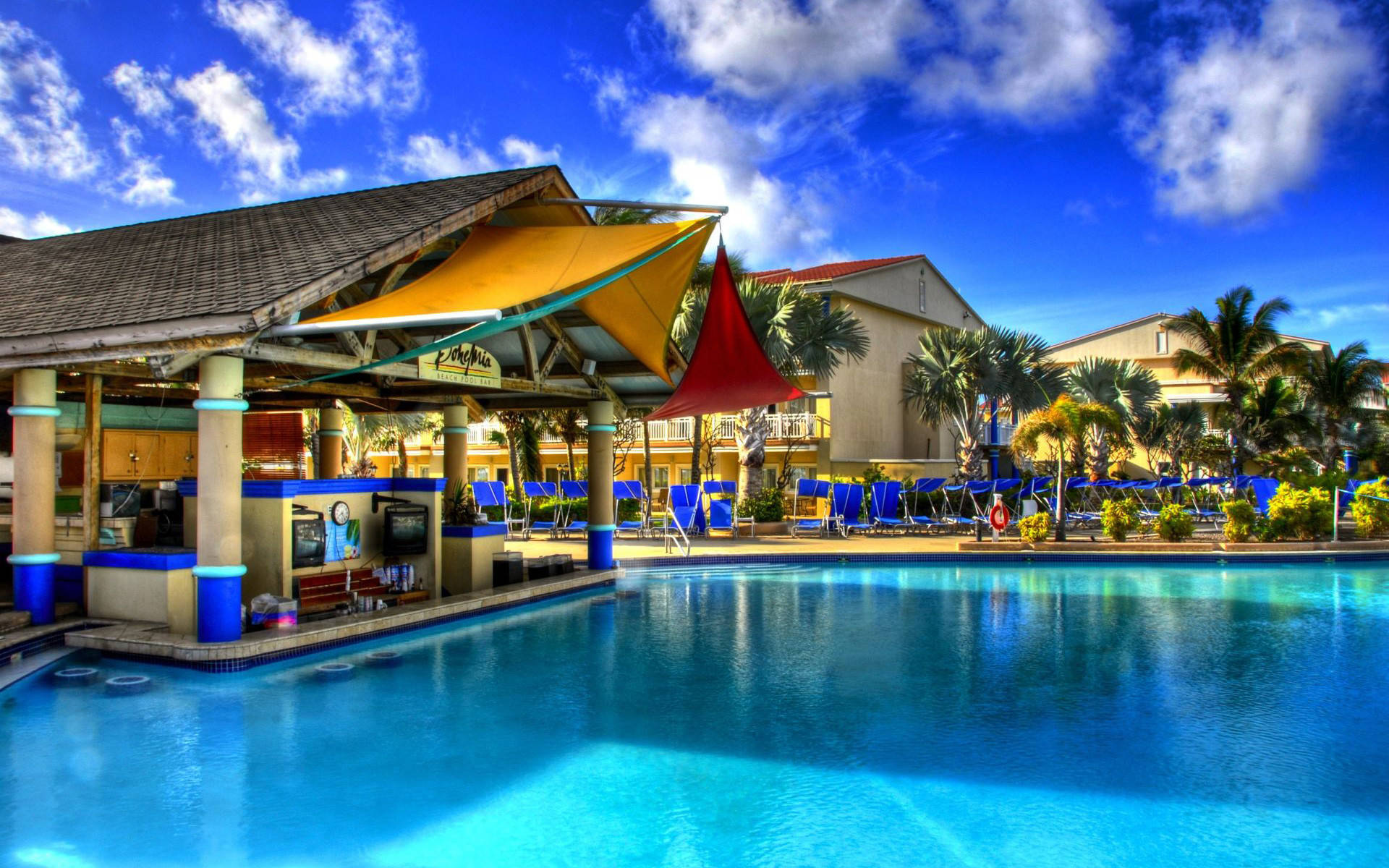 Jakarta, pool bar, turquoise water, Full HD Desktop Wallpaper