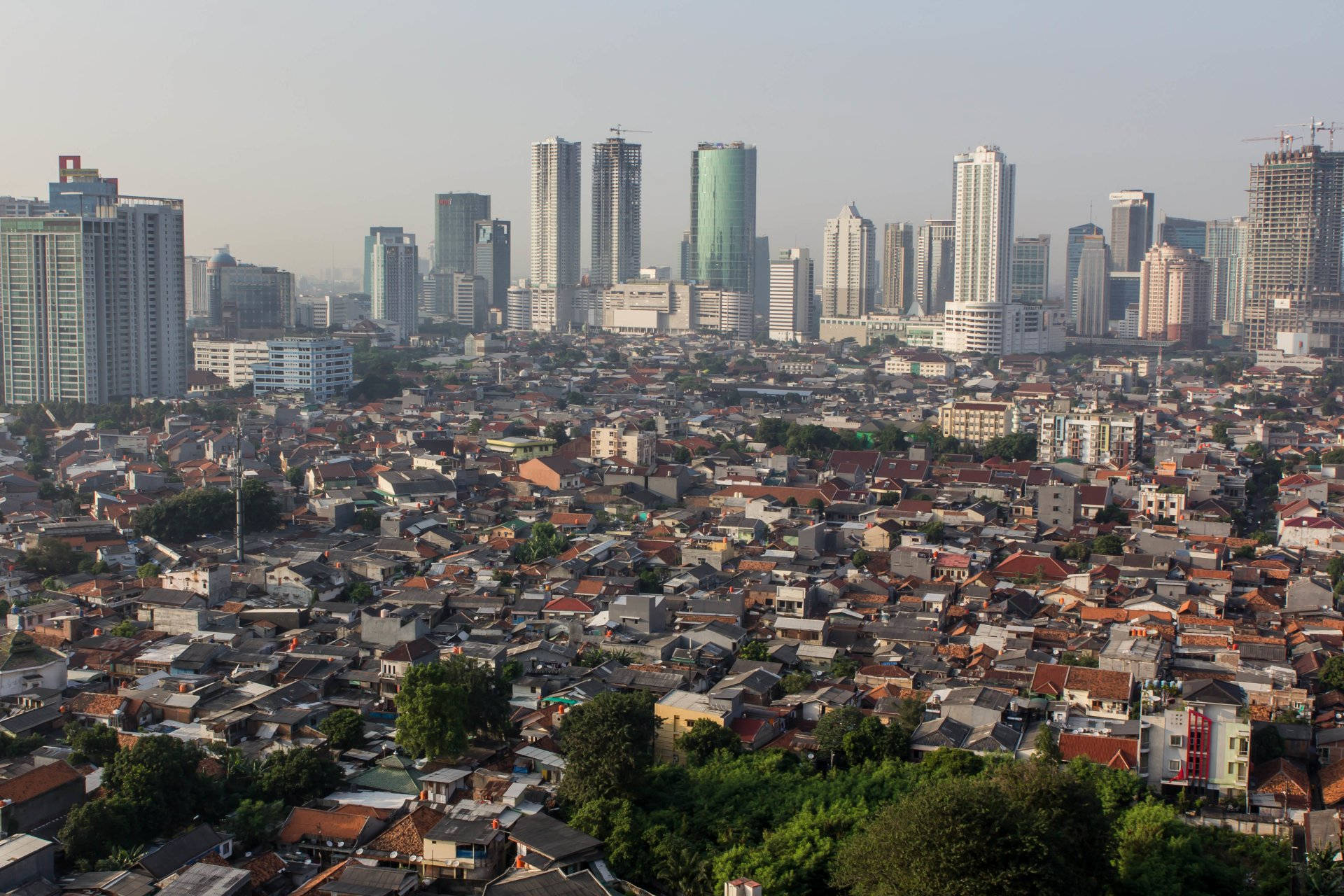 Jakarta, low-rise homes, modern high-rise skyline, Full HD Desktop Wallpaper