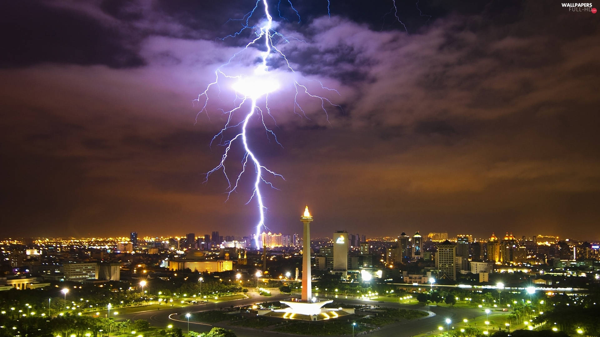 Jakarta, lightning bolt, cityscape, Full HD Desktop Wallpaper