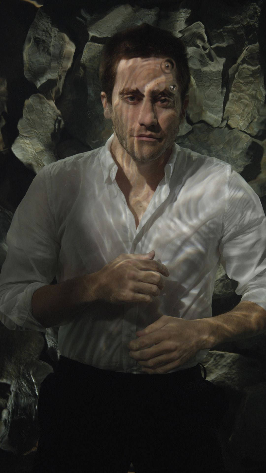 Jake Gyllenhaal, white shirt, textured stone wall, Full HD Phone Wallpaper