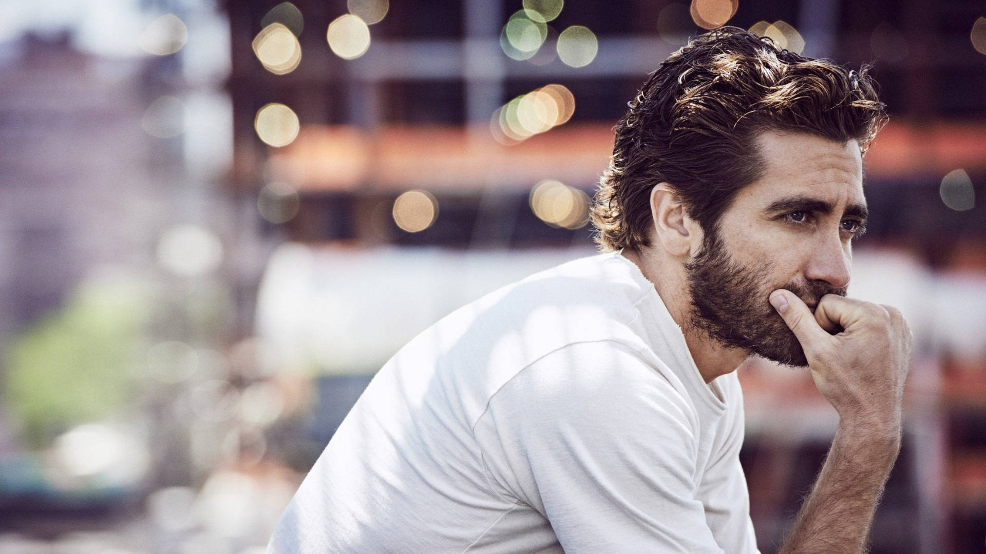 Jake Gyllenhaal, full beard, white t-shirt, Full HD Desktop Wallpaper
