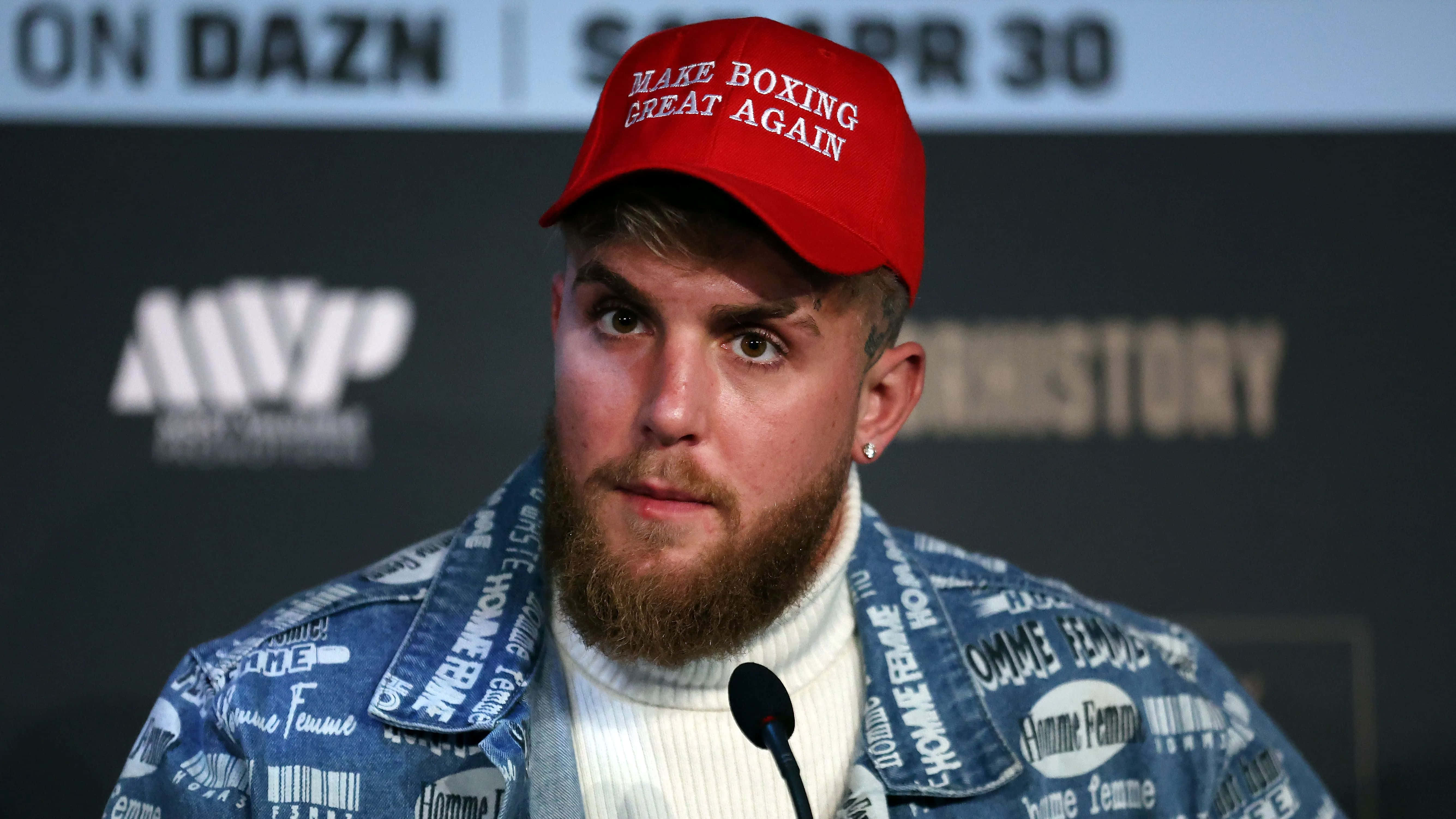 Jake Paul, red 'Make Boxing Great Again' cap, branded denim jacket, 5K Desktop Wallpaper