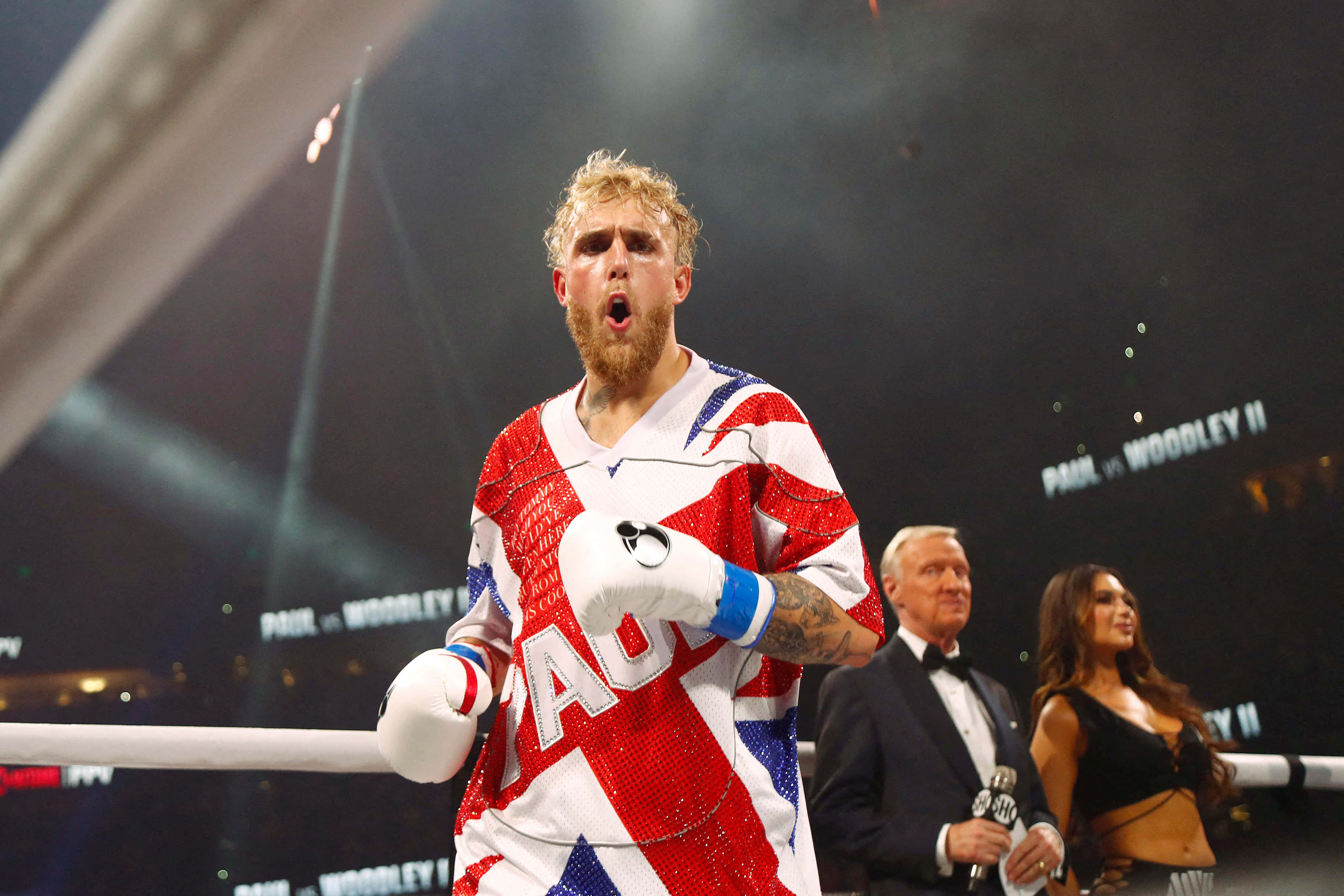 Jake Paul, boxing match victory, red white blue sequined outfit, 4K Desktop Wallpaper