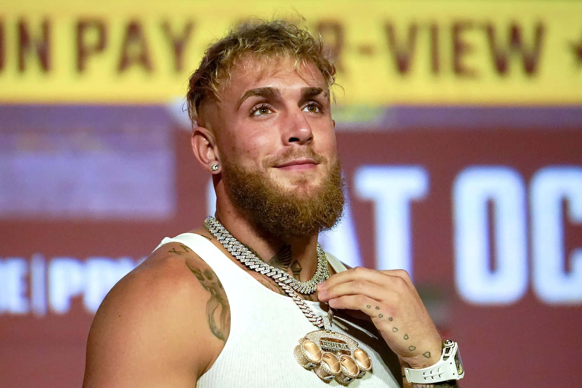 Jake Paul, white tank top, thick gold chain, Full HD Desktop Wallpaper
