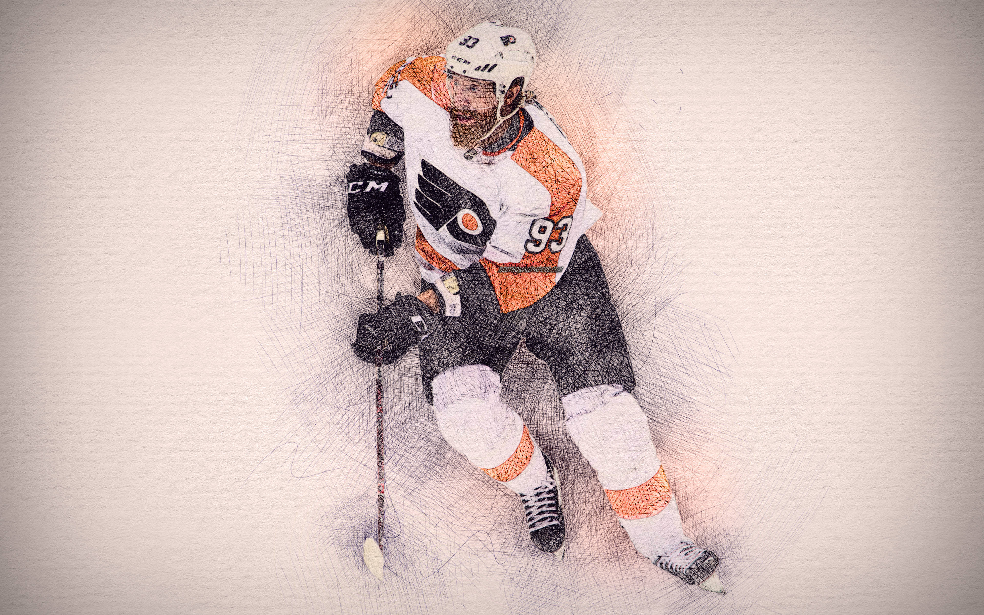 Jakub Voracek, orange and white gear, textured sketch-style background, 4K Desktop Wallpaper