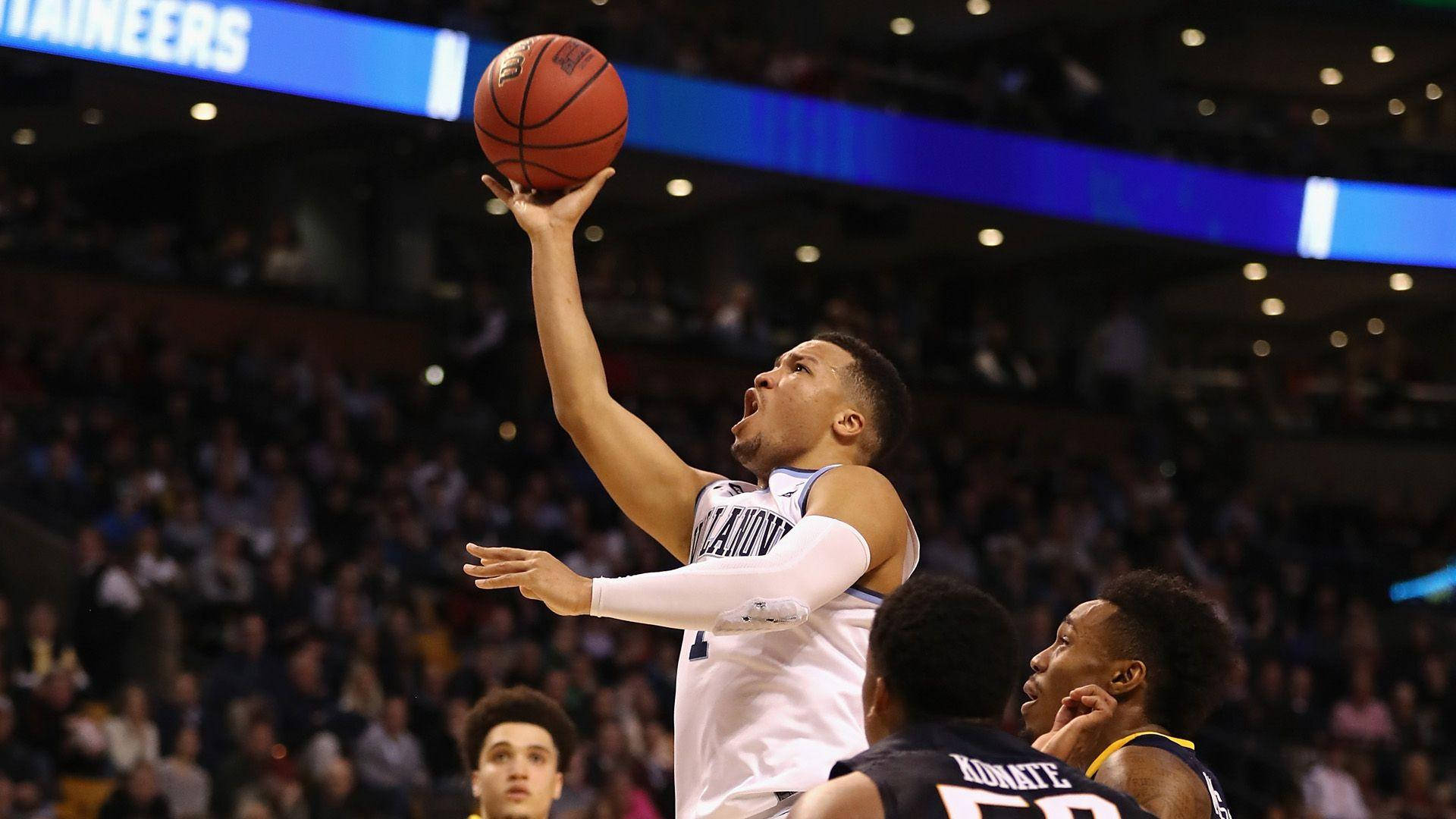 Jalen Brunson, white uniform, basketball lay up, Full HD Desktop Wallpaper
