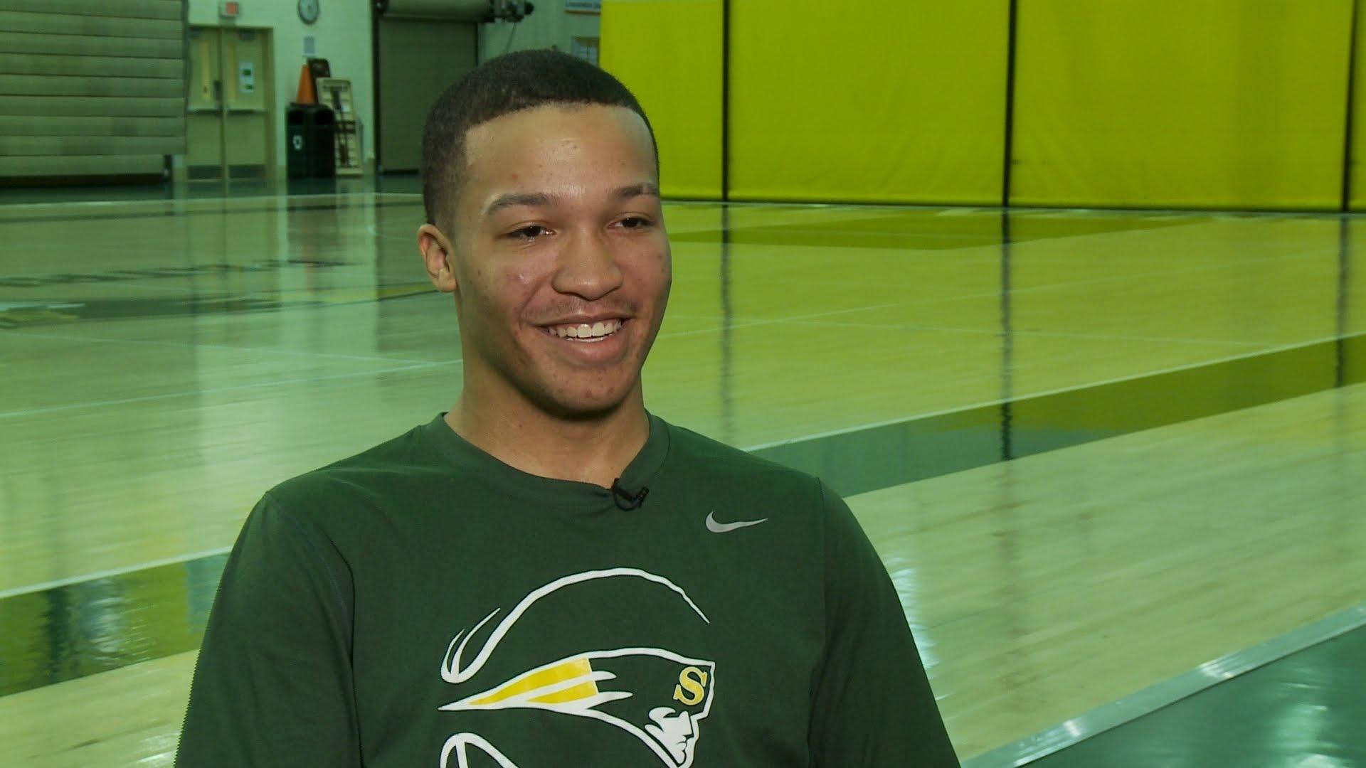 Jalen Brunson, green sports tee, polished wooden floors, Full HD Desktop Wallpaper