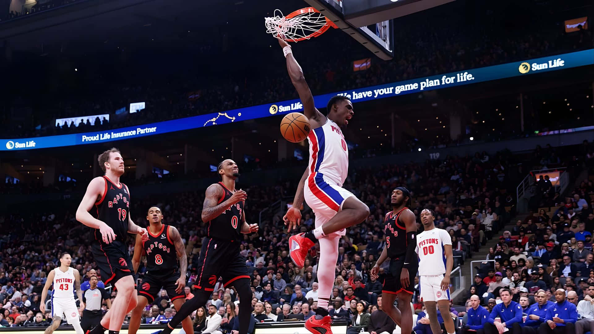 Jalen Duren, dunk, white and red uniform, Full HD Desktop Wallpaper