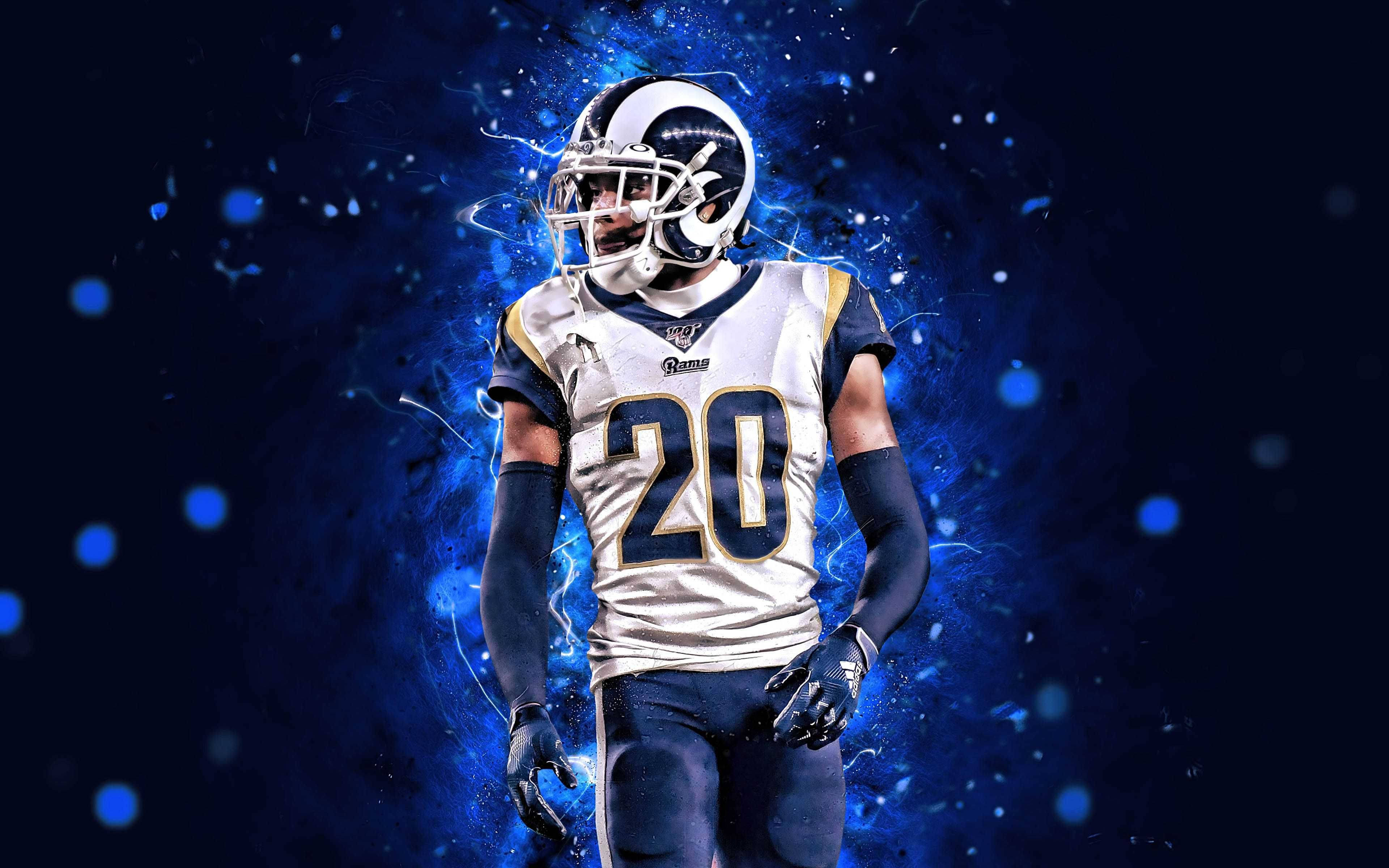 Jalen Ramsey, blue neon lights, white jersey, 4K Desktop Wallpaper