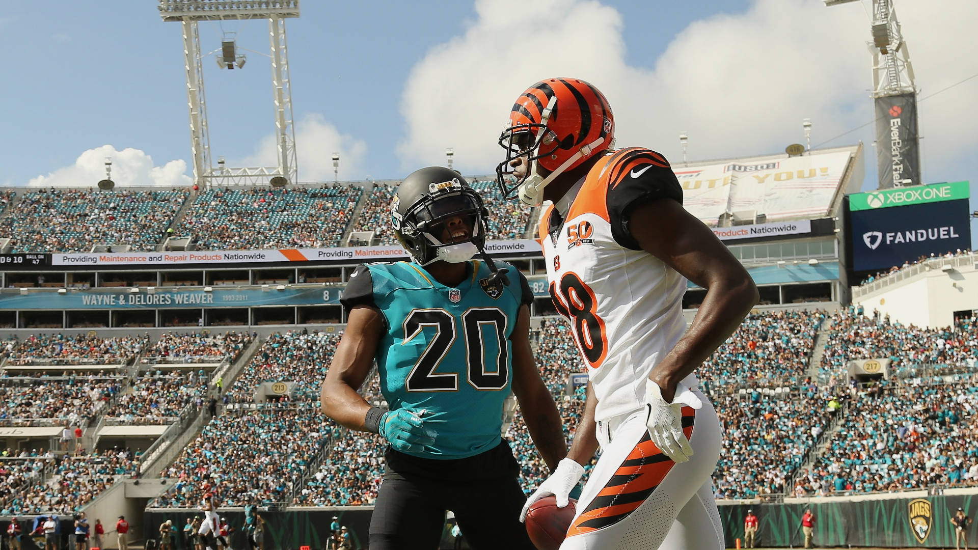 Jalen Ramsey, A.J. Green, teal and orange uniforms, Full HD Desktop Wallpaper