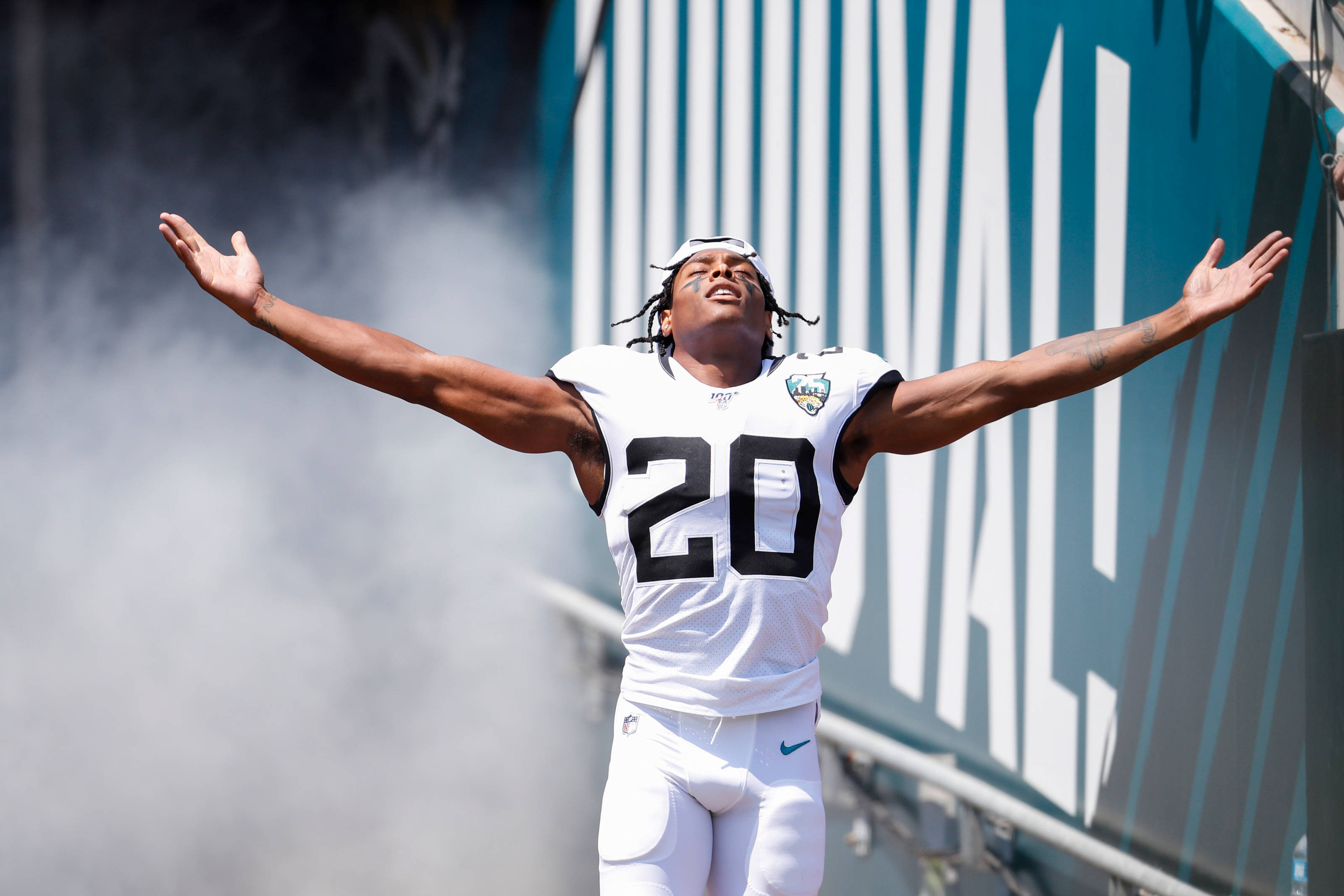 Jalen Ramsey, white jersey number 20, sunny day, 2K Desktop Wallpaper