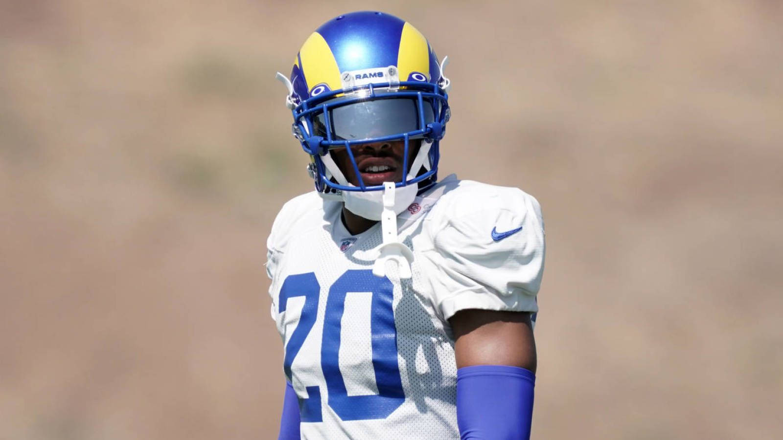 Jalen Ramsey, blue and yellow helmet, white jersey, HD Desktop Wallpaper
