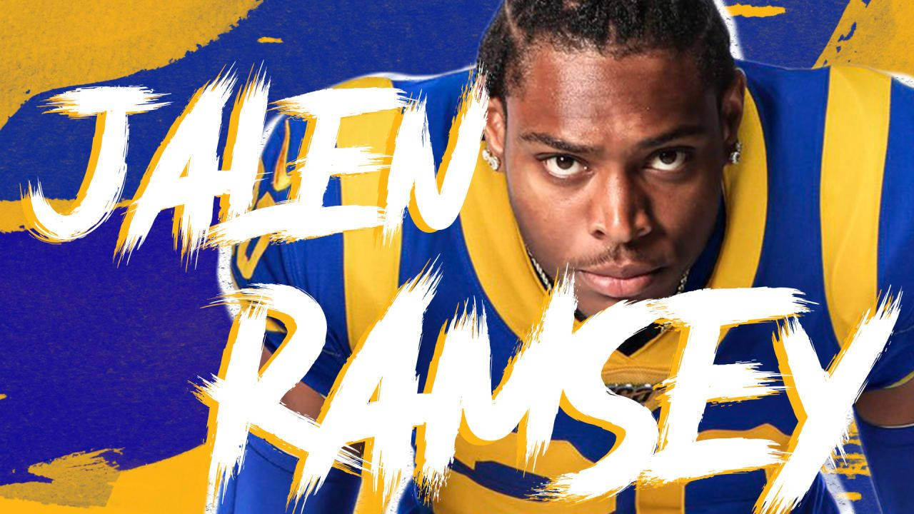 Jalen Ramsey, blue and yellow striped jersey, bold brushstroke background, HD Desktop Wallpaper