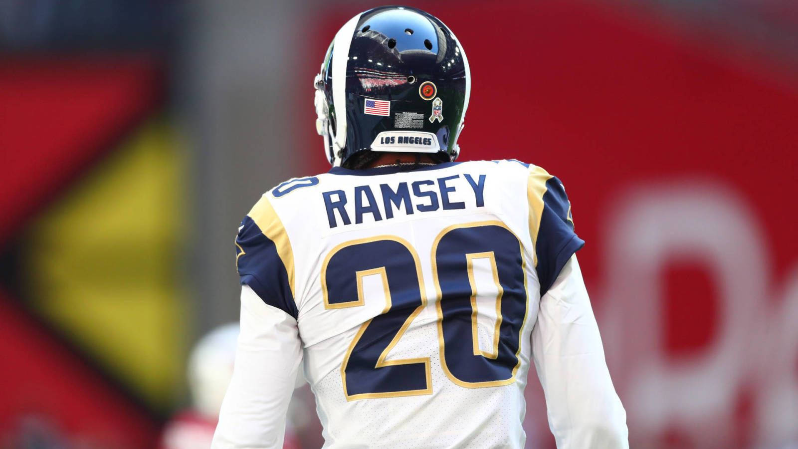 Jalen Ramsey, white jersey, blue and gold accents, HD Desktop Wallpaper