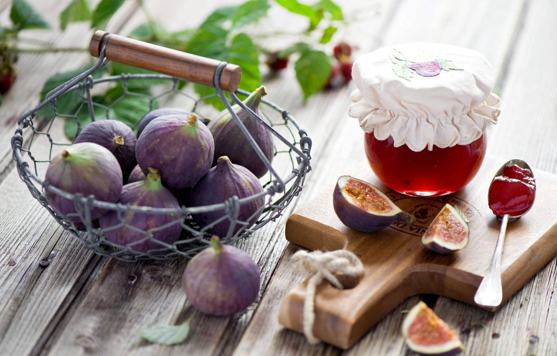 figs jam, wire basket, jar of fig jam, Full HD Desktop Wallpaper