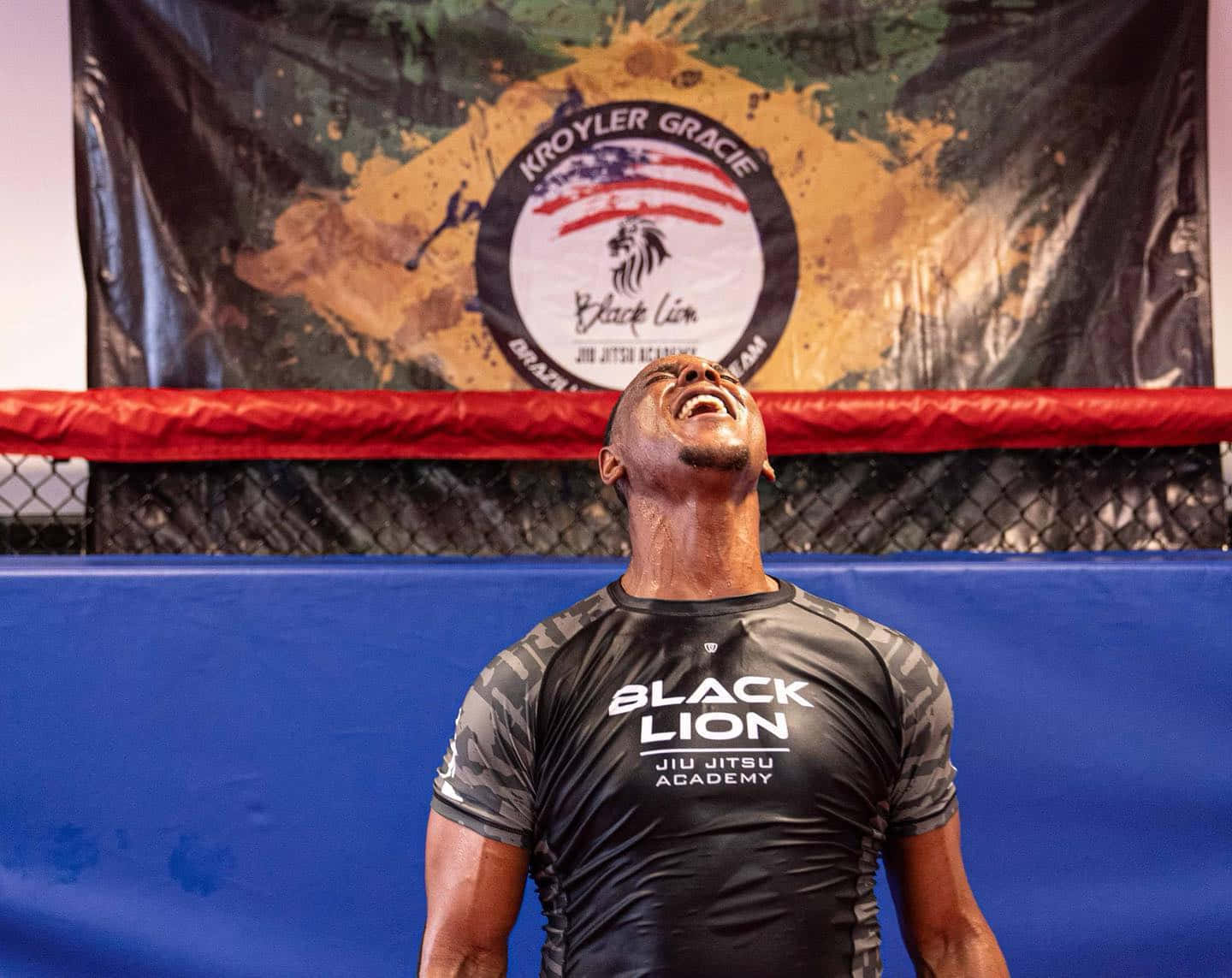 Jamahal Hill, black lion gi, blue and red MMA cage, HD Desktop Wallpaper