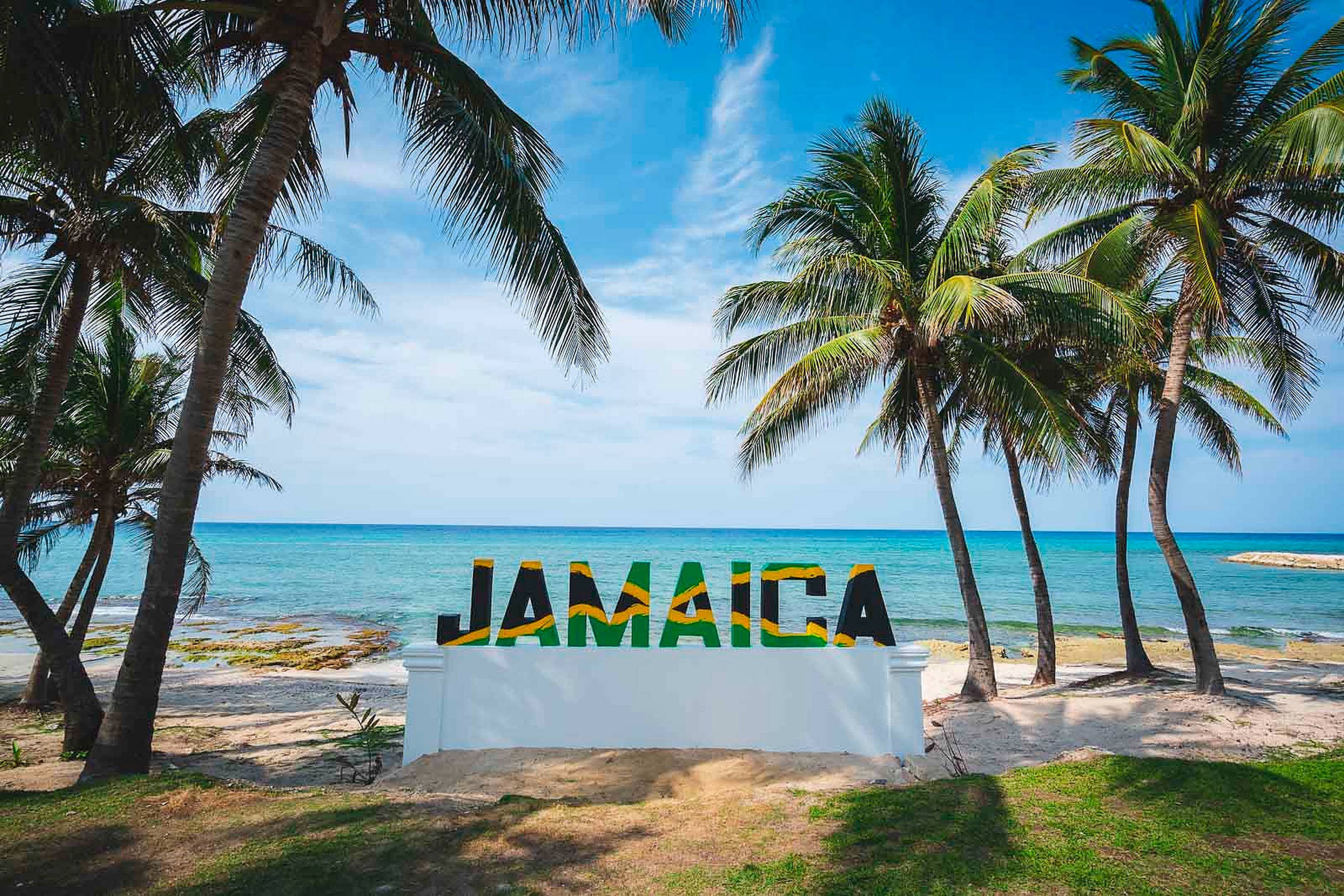 Jamaica Beach, national colors, palm trees, Full HD Desktop Wallpaper