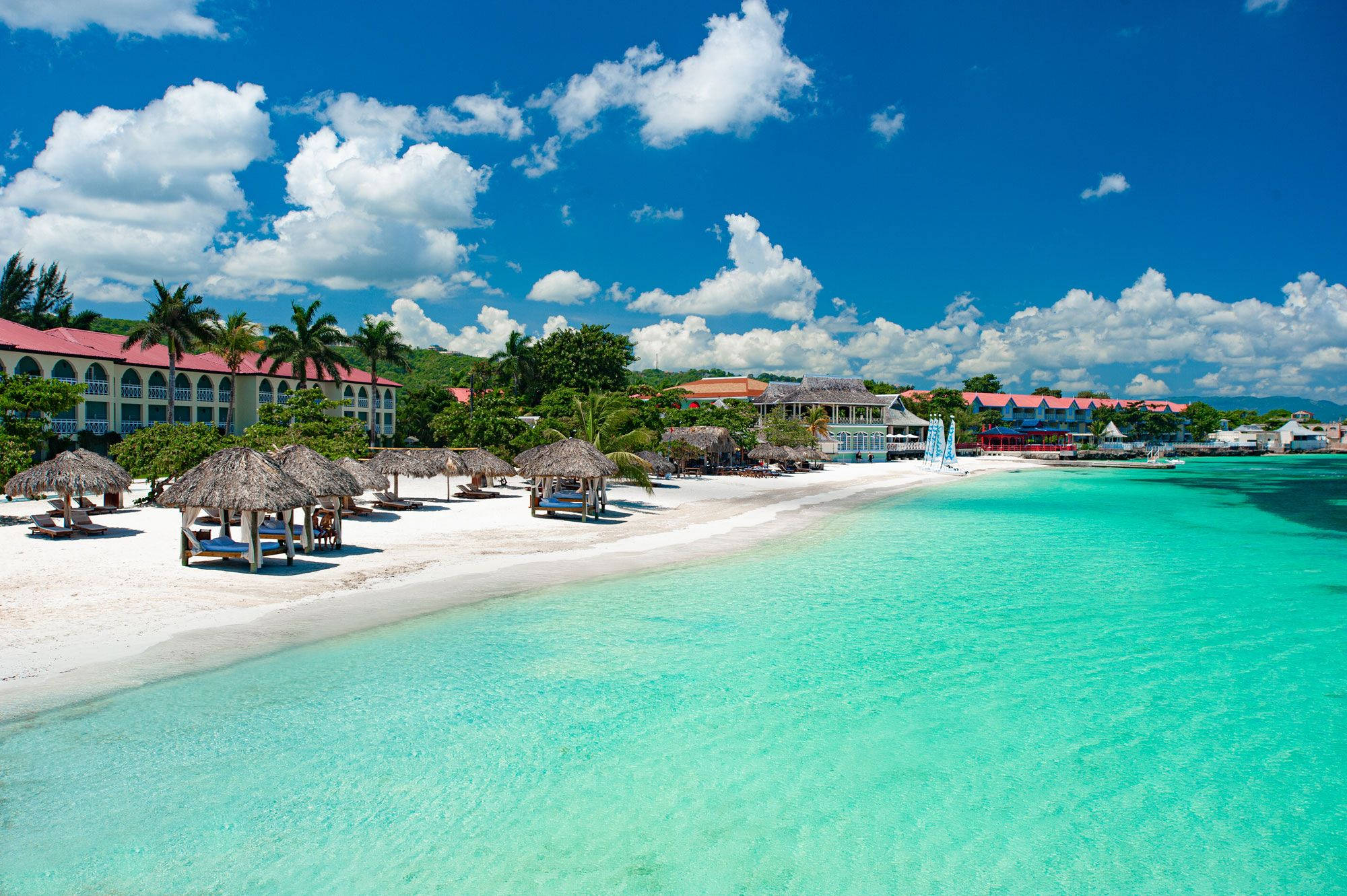 Jamaica Beach, thatched huts, turquoise waters, Full HD Desktop Wallpaper