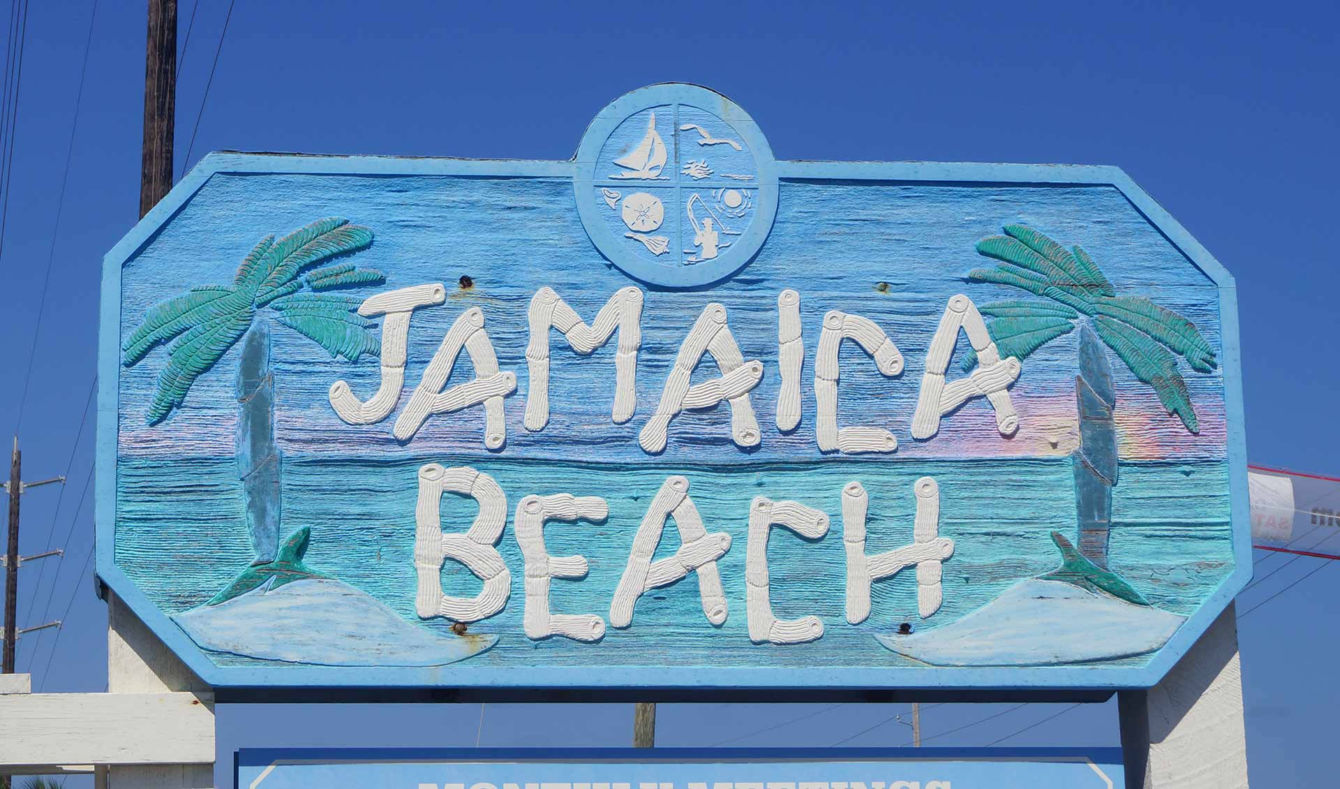 Jamaica Beach, blue wooden sign, palm trees, Full HD Desktop Wallpaper