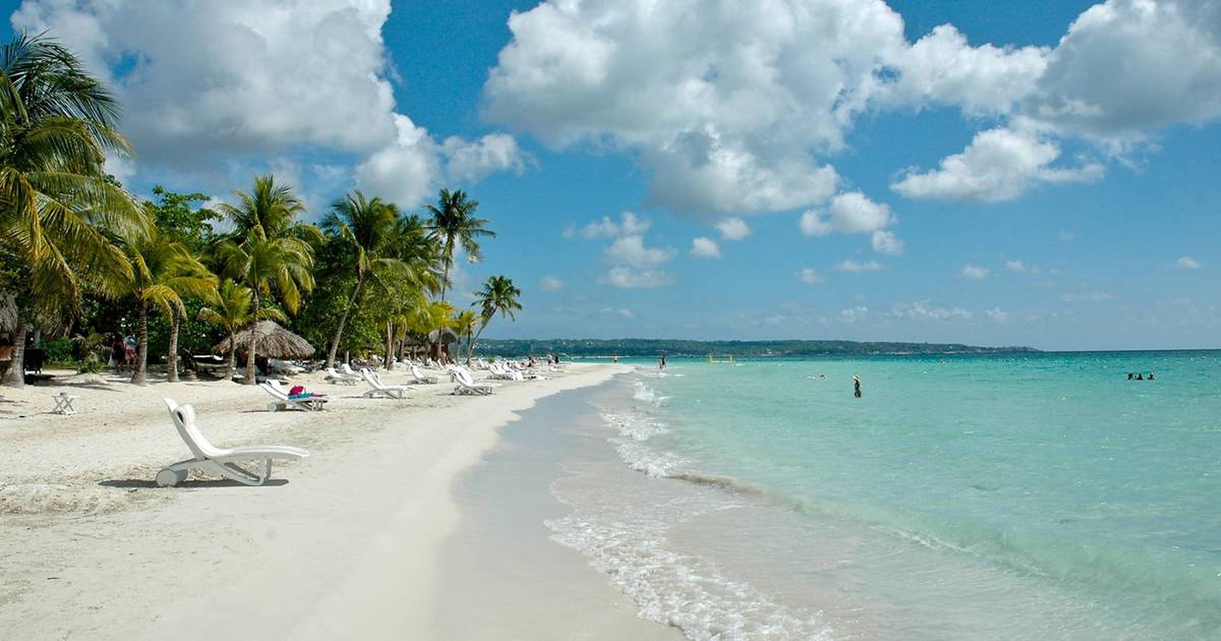 Jamaica Beach, palm trees, lounge chairs, Full HD Desktop Wallpaper