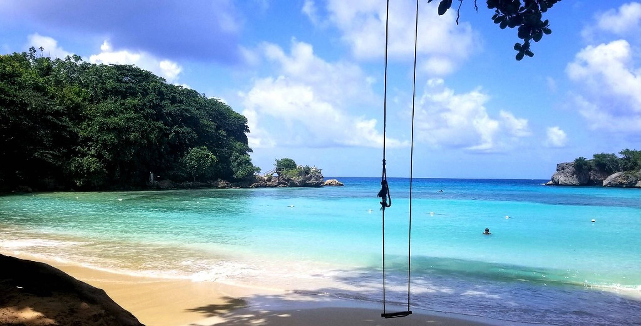 Jamaica Beach, turquoise waters, hanging swing, Full HD Desktop Wallpaper