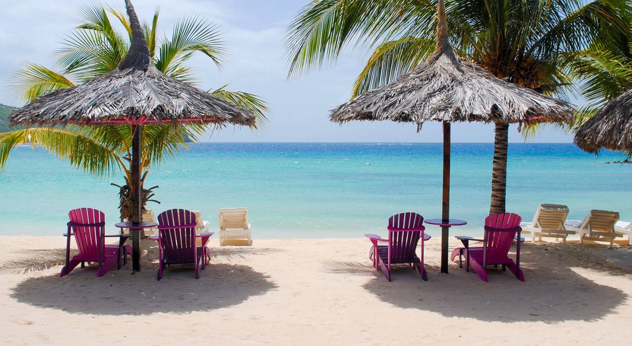 Jamaica Beach, pink chairs, thatched umbrellas, Full HD Desktop Wallpaper