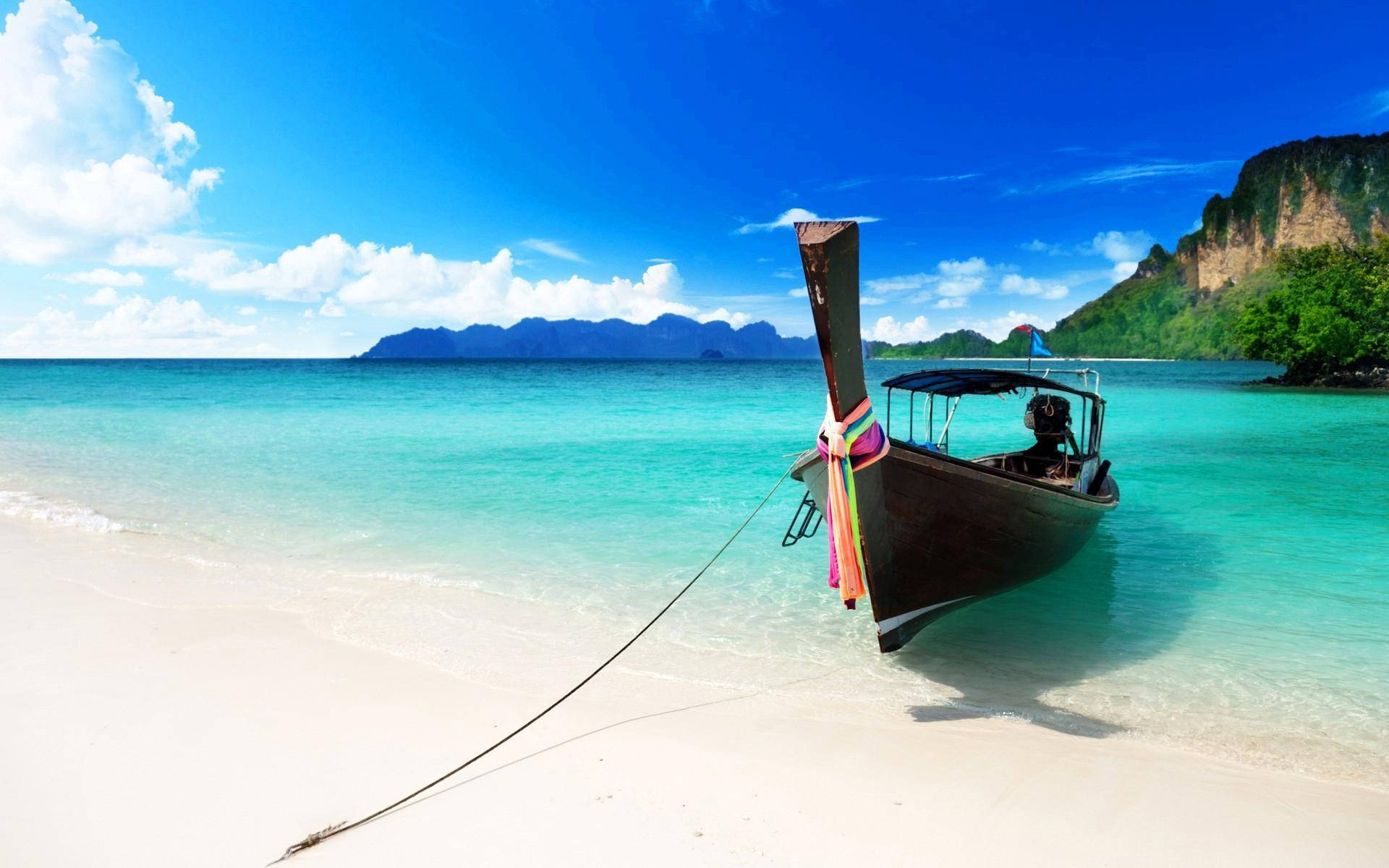 longtail boat, white sand beach, turquoise waters, Full HD Desktop Wallpaper