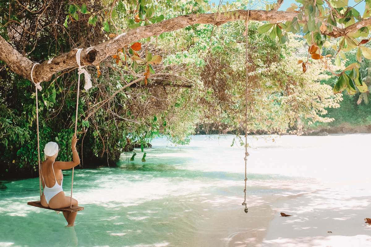 Jamaican Beach, white swimsuit, wooden swing, SD Desktop Wallpaper