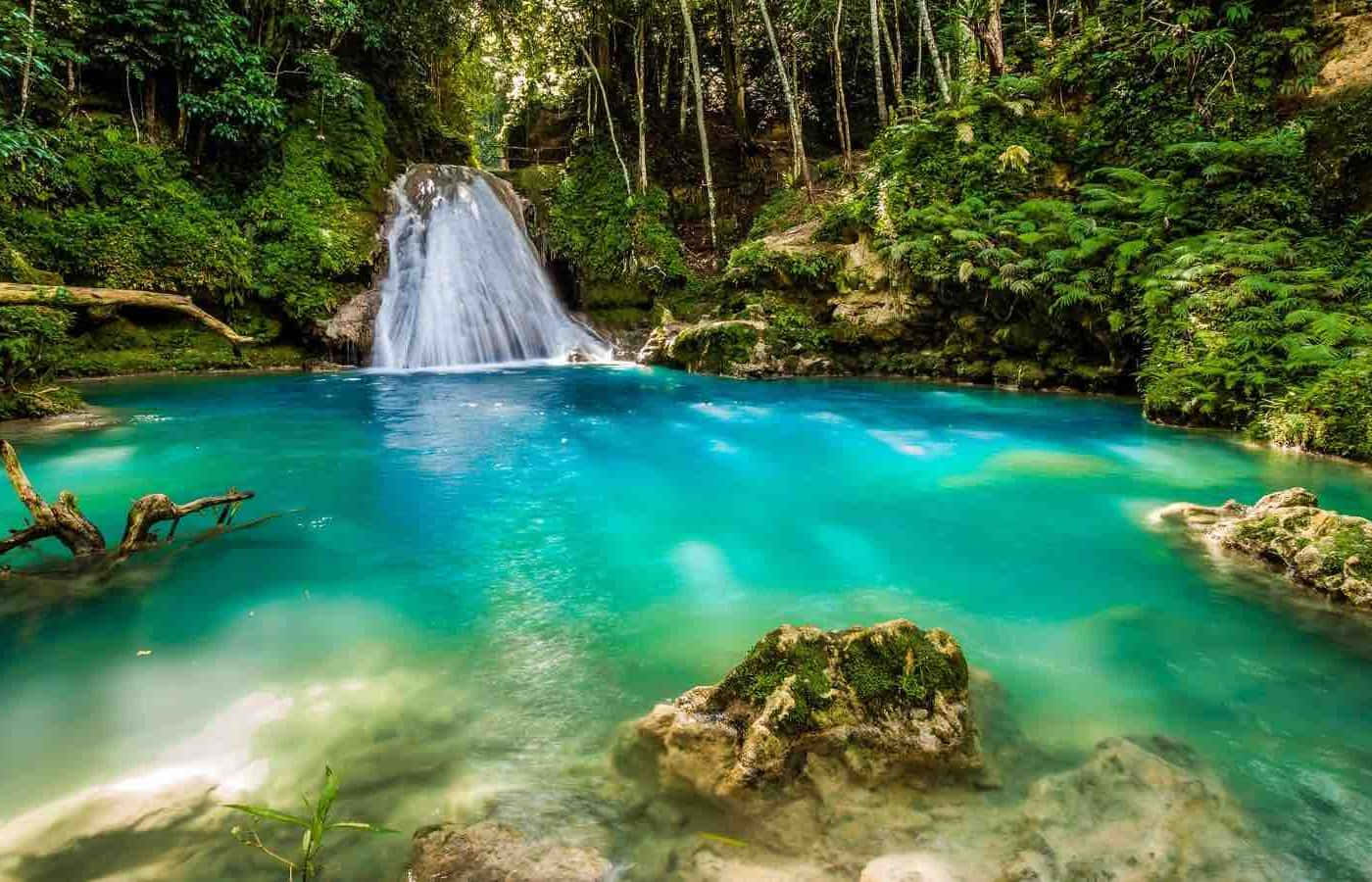 Jamaican Island, turquoise waterfall, crystal clear pool, HD Desktop Wallpaper