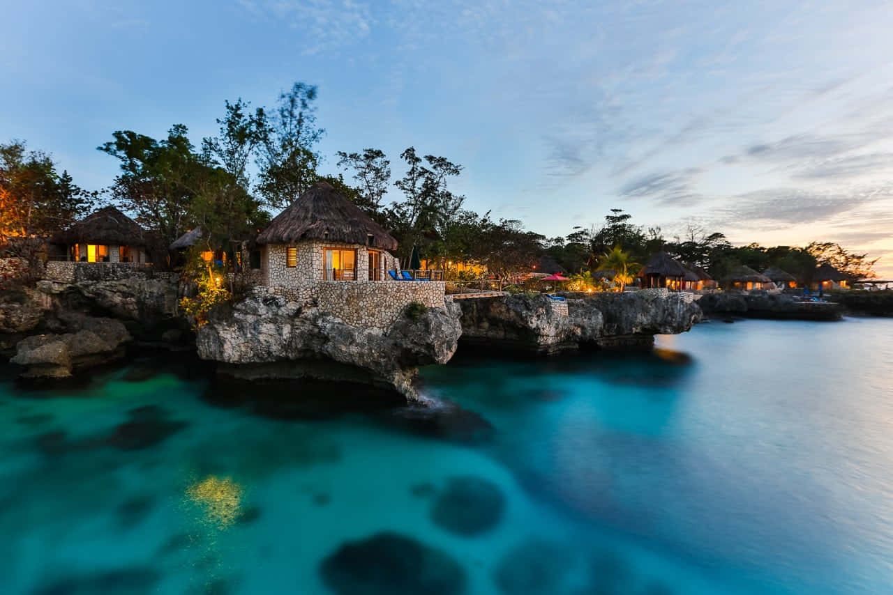 Jamaican Island, coral cliffside bungalows, turquoise waters, HD Desktop Wallpaper