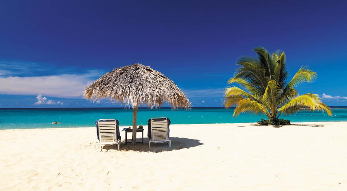 Jamaican Island, thatched umbrella, pristine white sand beach, SD Desktop Wallpaper
