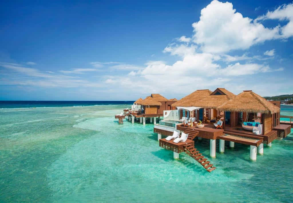 Jamaican Island, overwater bungalows, thatched roofs, SD Desktop Wallpaper