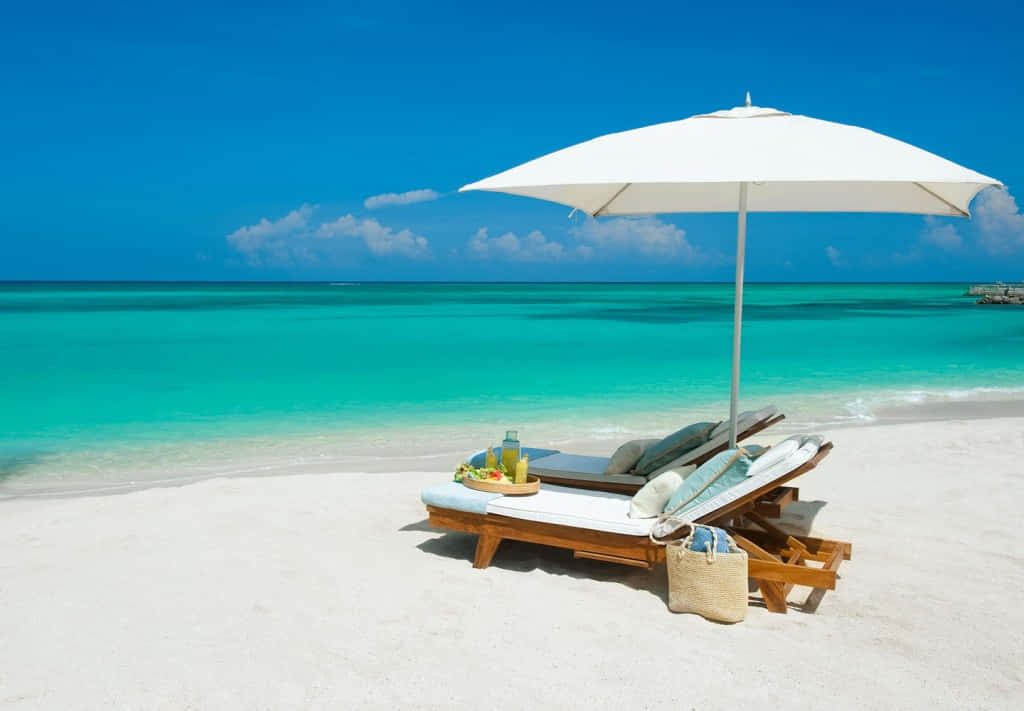 Jamaican Island, white umbrella, wooden lounge chairs, SD Desktop Wallpaper
