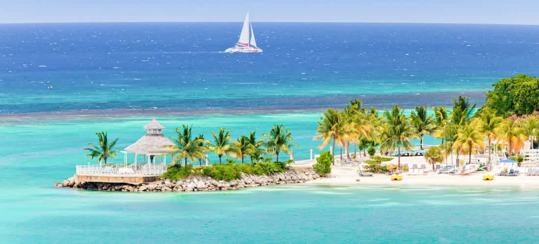 Jamaican Island, white sailboat, turquoise waters, SD Desktop Wallpaper