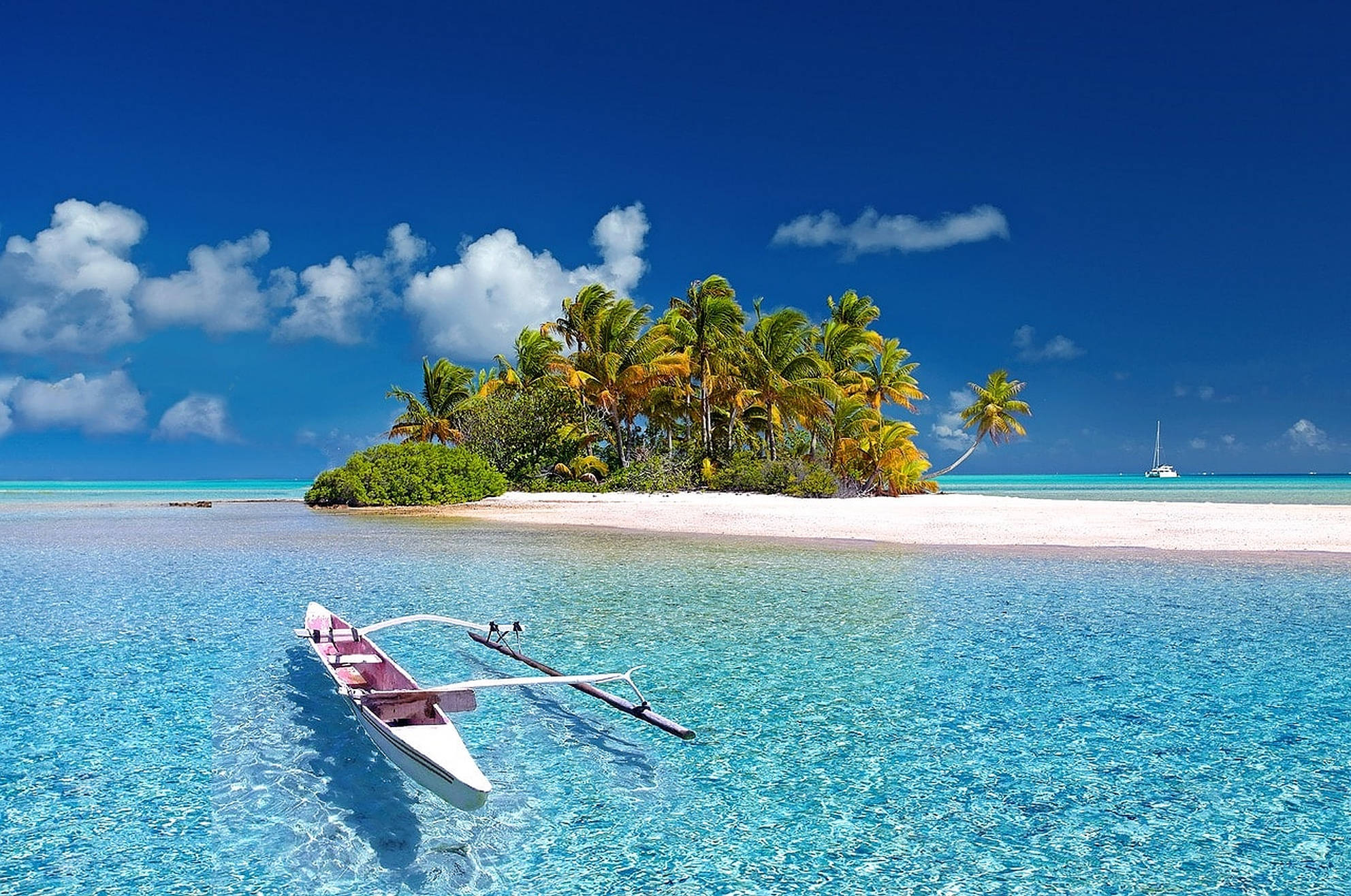 Jamaica Beach Fishing Boat, white outrigger boat, crystal clear turquoise water, Full HD Desktop Wallpaper