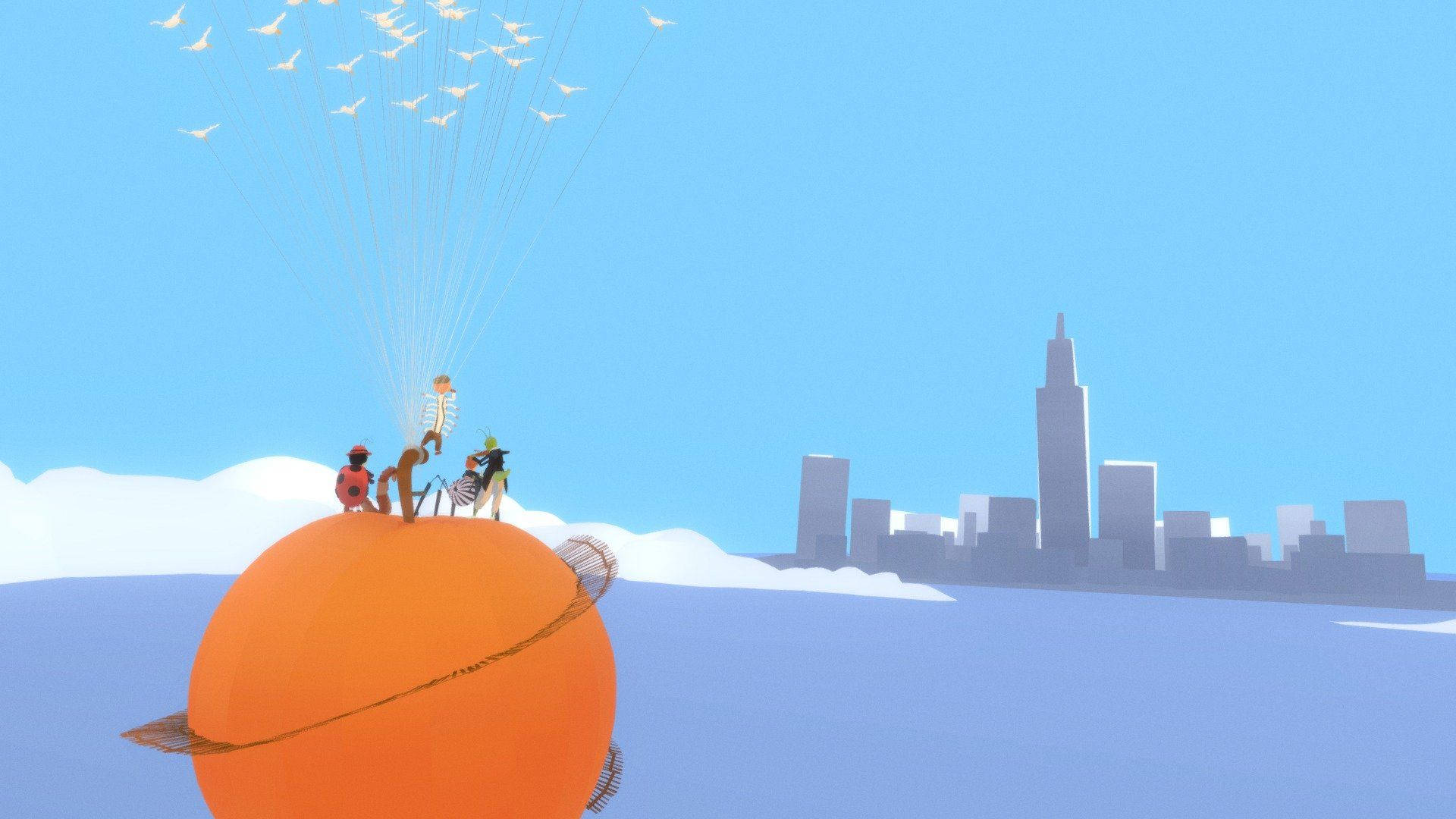 James And The Giant Peach, giant orange planet with a ring, white birds, Full HD Desktop Wallpaper
