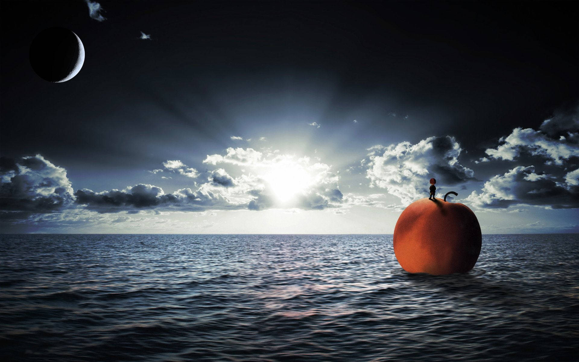 James And The Giant Peach, floating peach, vast ocean, Full HD Desktop Wallpaper