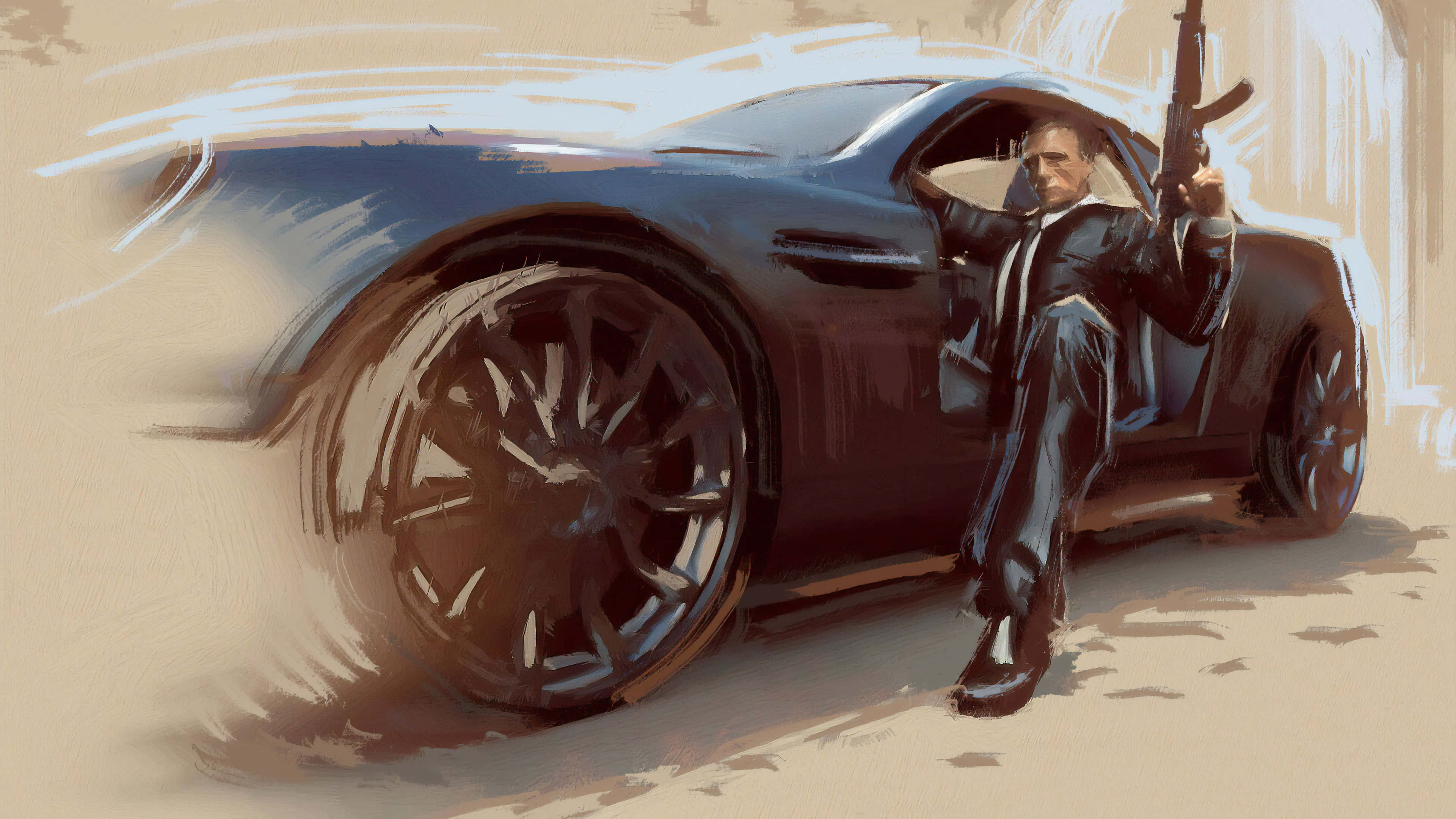 James Bond, sleek black sports car, desert setting, 4K Desktop Wallpaper
