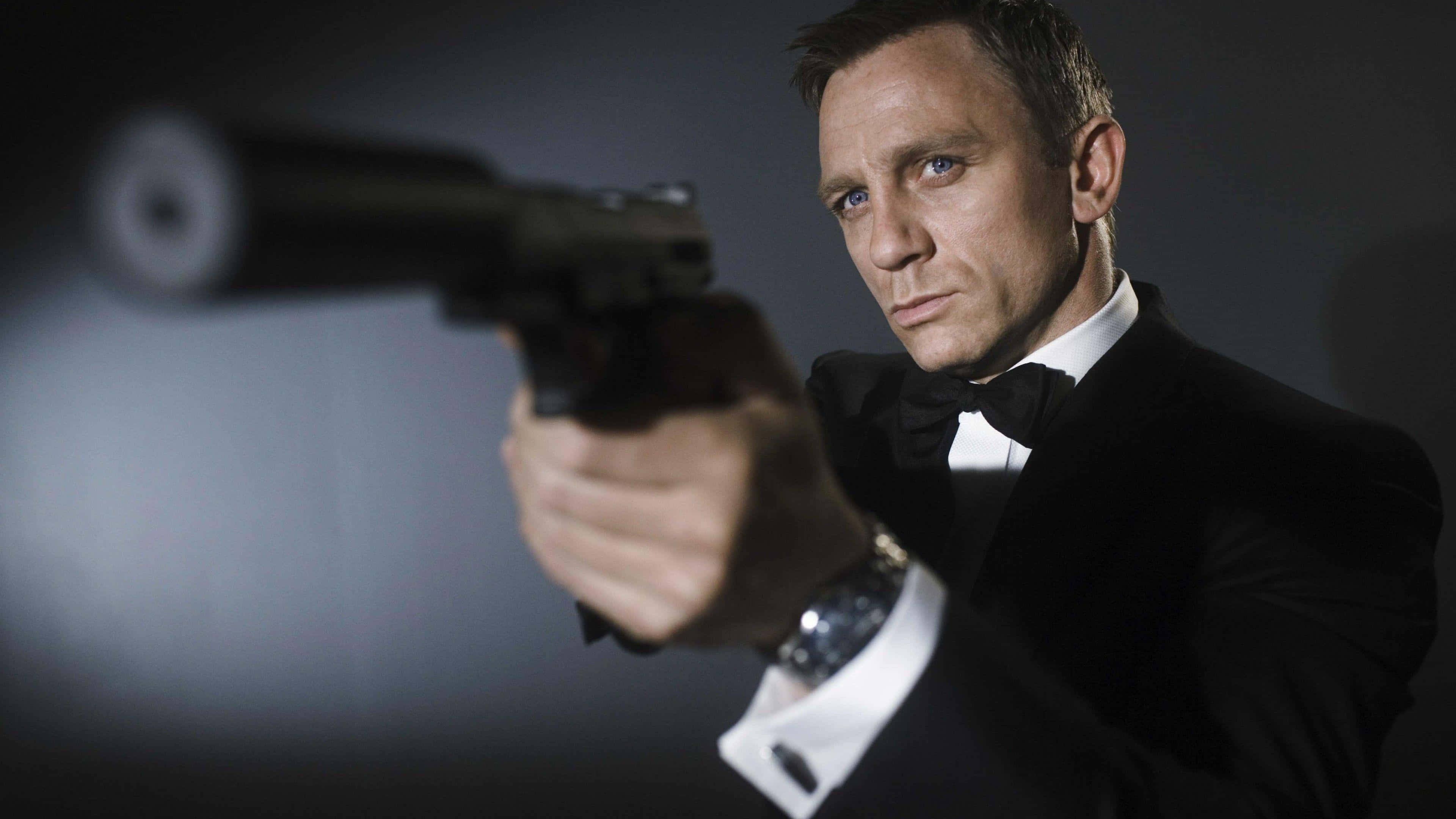 James Bond, black tuxedo, silenced pistol, 4K Desktop Wallpaper