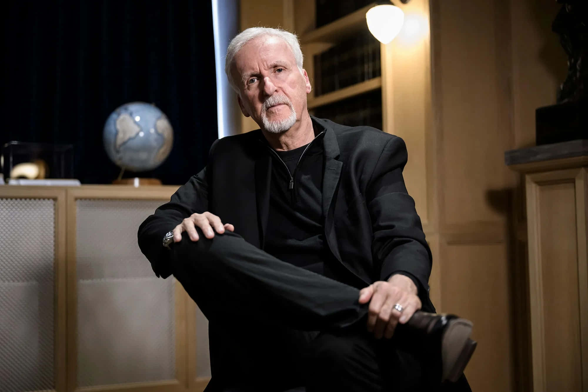 James Cameron, black suit, wooden shelves, Full HD Desktop Wallpaper