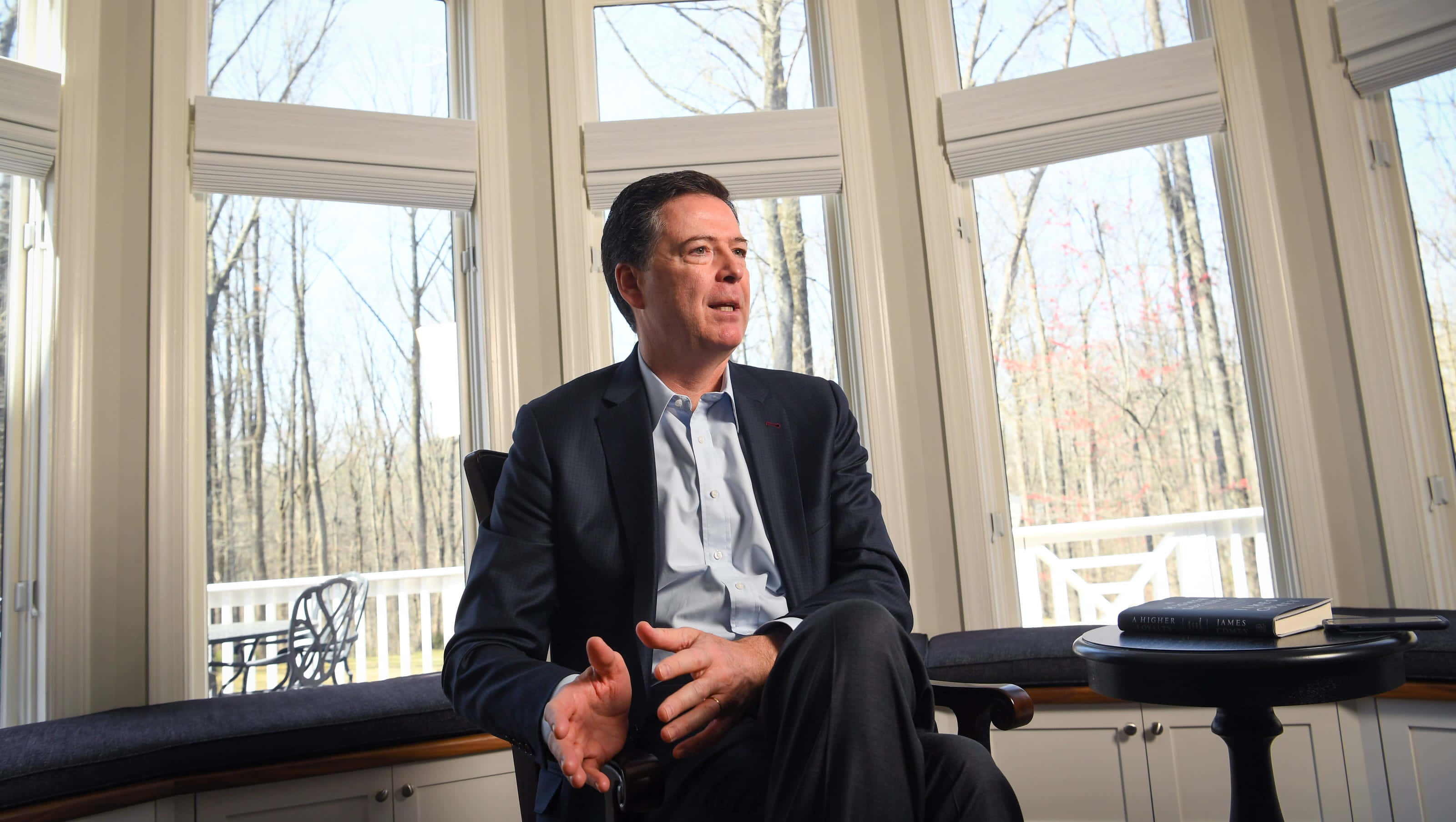 James Comey, suit, sunlit room, 2K Desktop Wallpaper