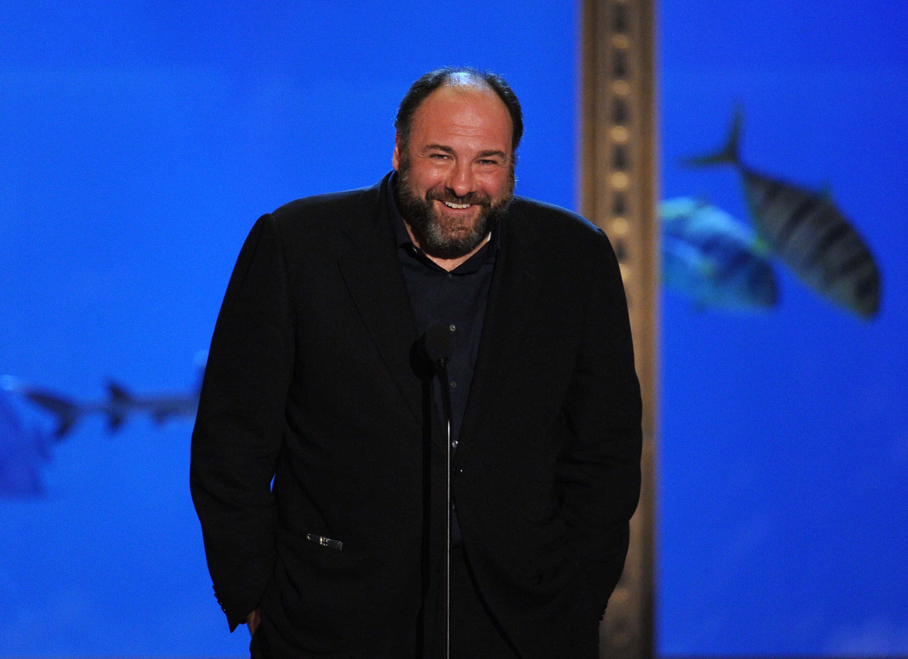 James Gandolfini, black suit, blue backdrop, 2K Desktop Wallpaper