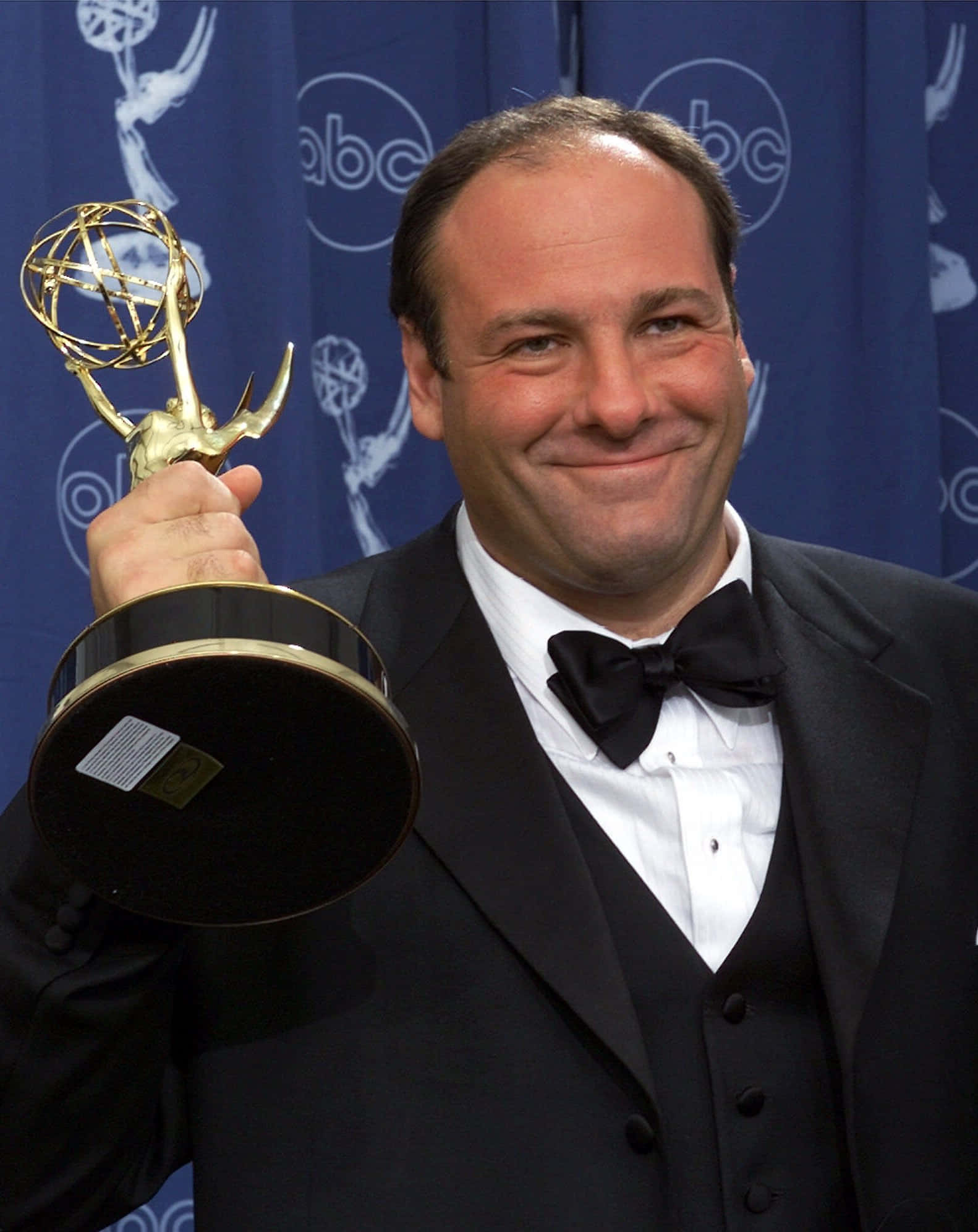 James Gandolfini, golden Emmy award, blue ABC backdrop, Full HD Phone Wallpaper