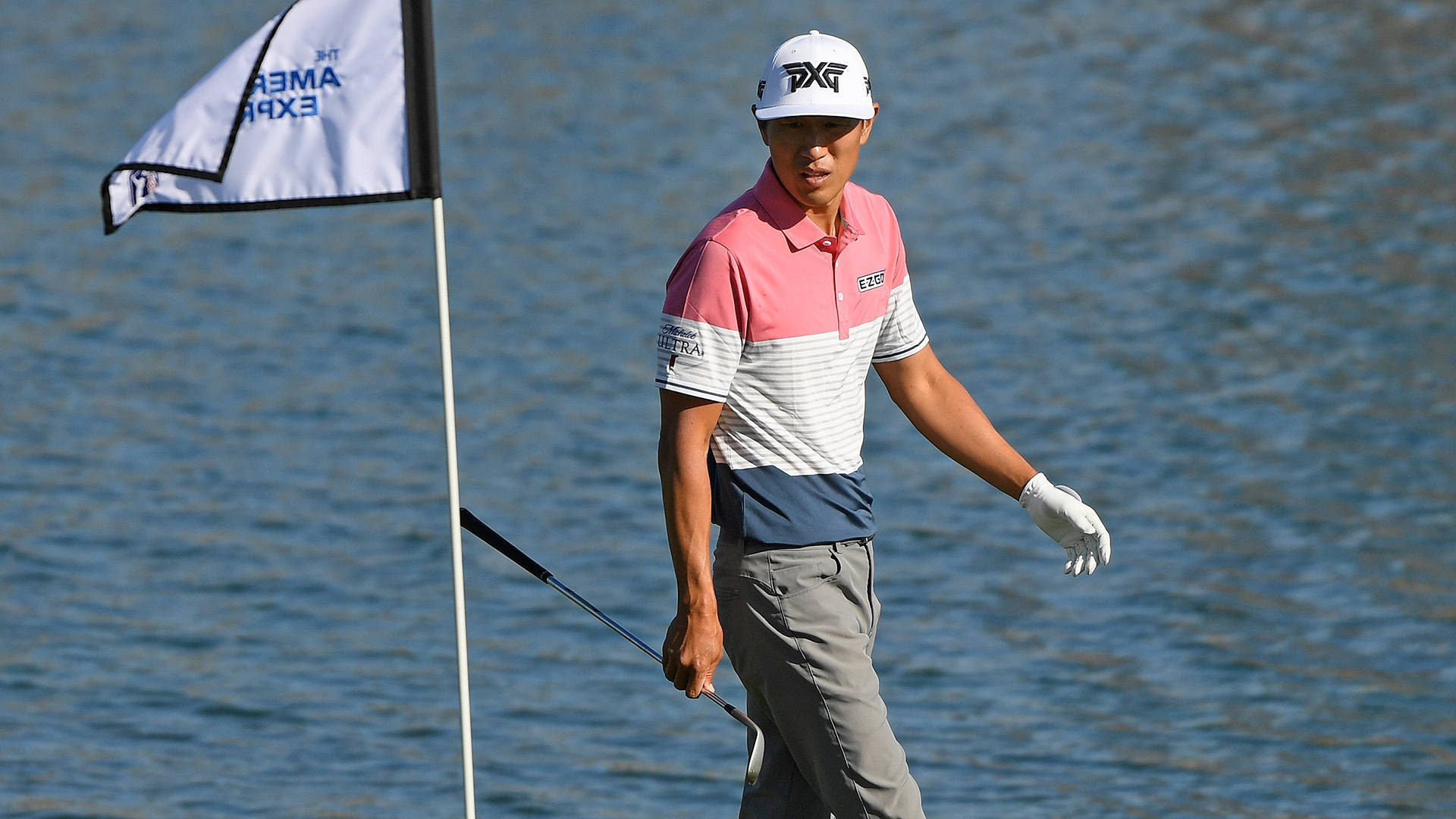 James Hahn, pink and white striped shirt, water hazard, Full HD Desktop Wallpaper