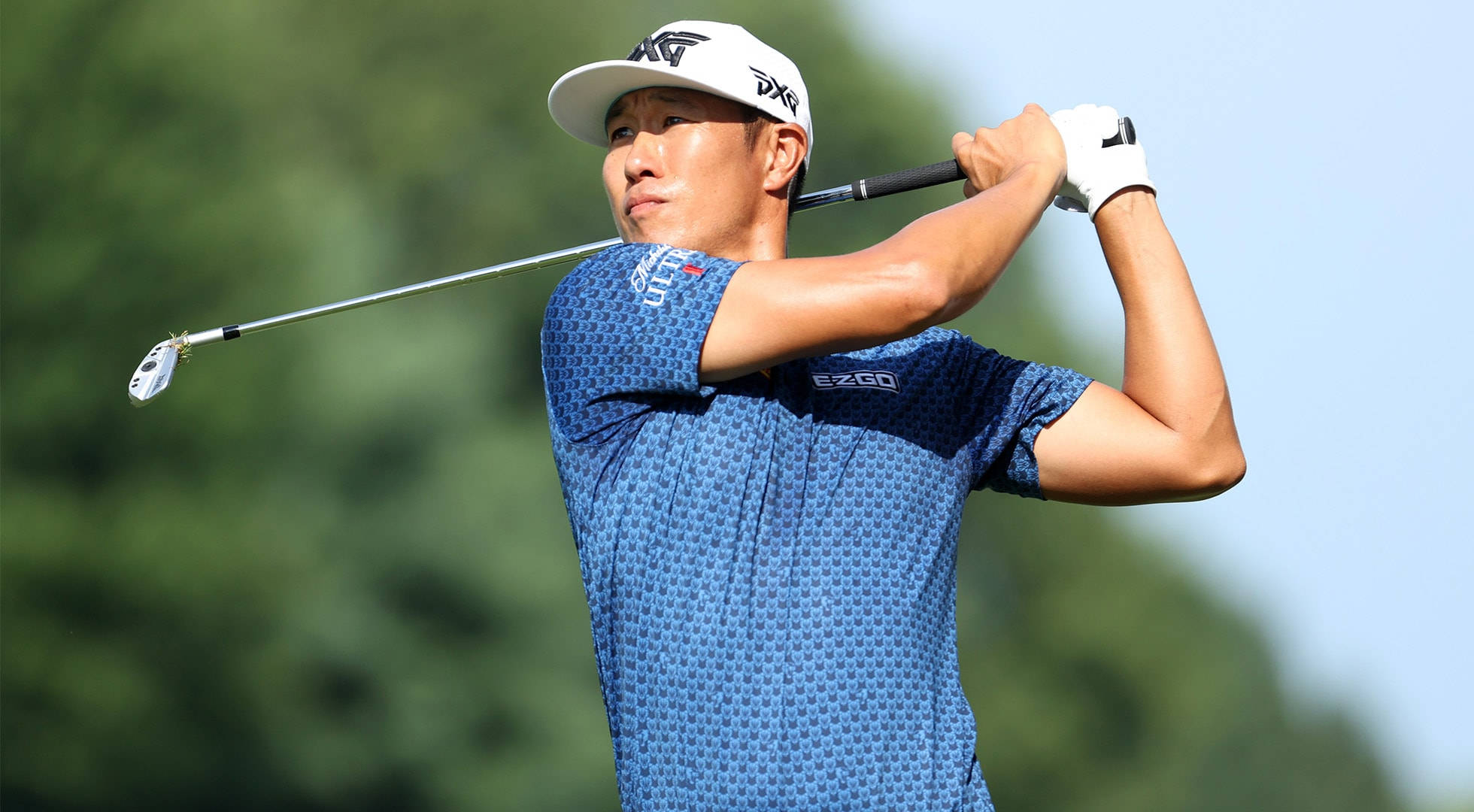 James Hahn, mid-swing, lush green trees, Full HD Desktop Wallpaper