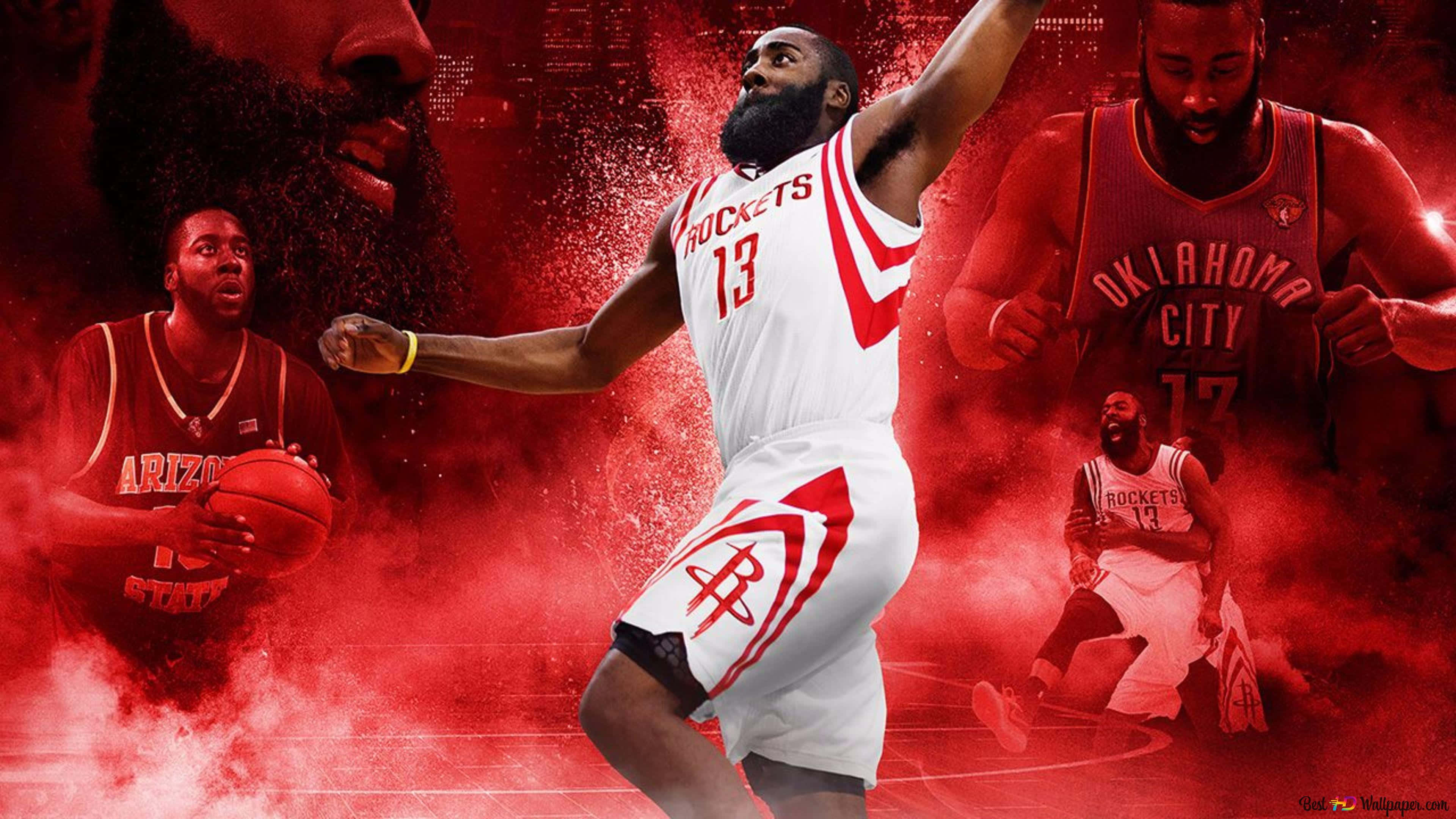 James Harden, white Rockets jersey, fiery red background, 4K Desktop Wallpaper
